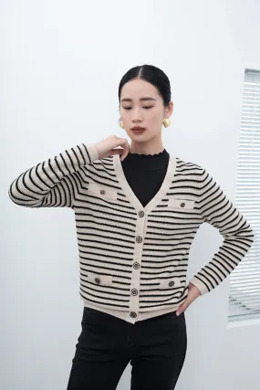 Black & White Striped V Neck Cardigan