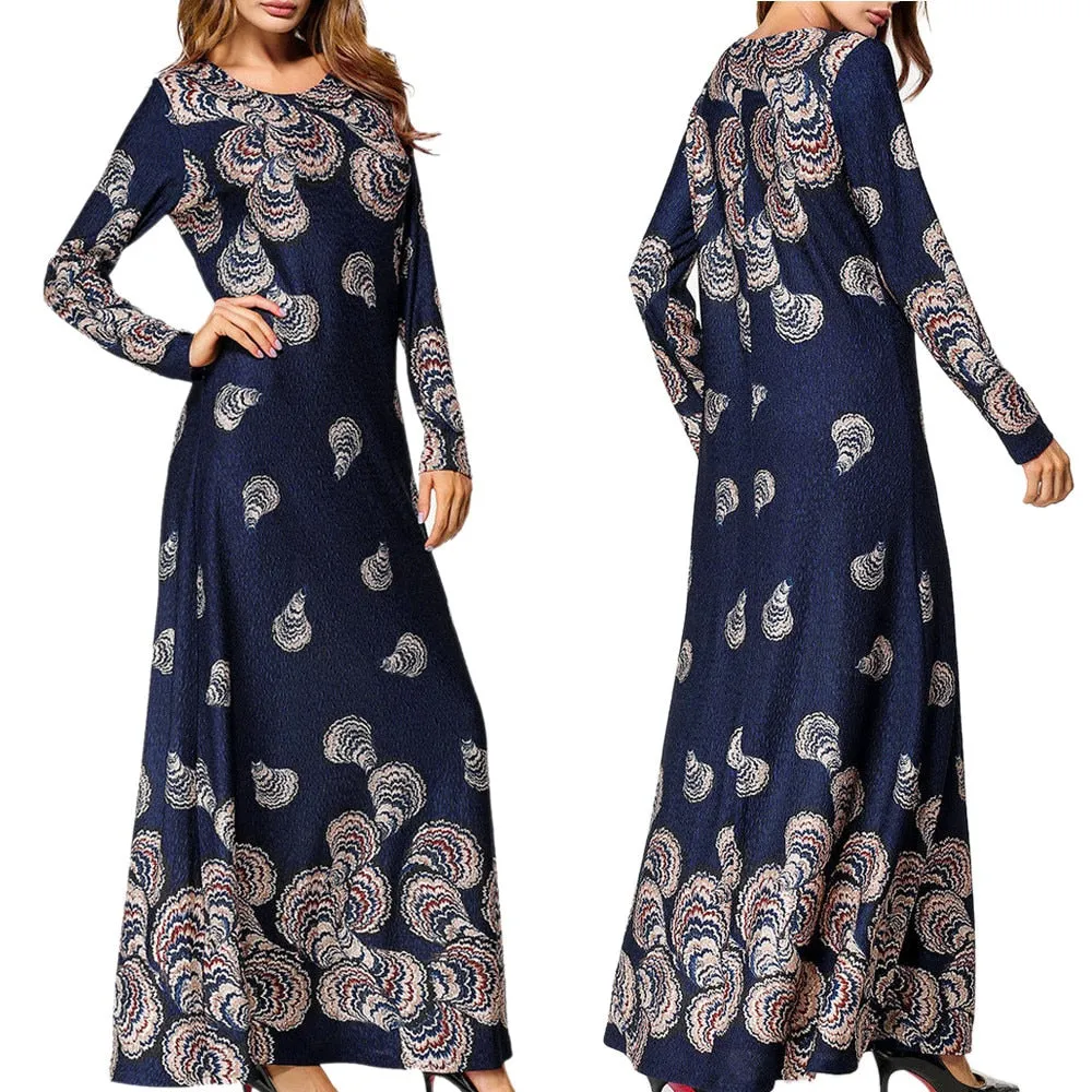 2019 Muslim Women's Ethnic Style Print Long Sleeve Party Long Maxi Dress Robe islamic clothing caftan marocain abaya turkey