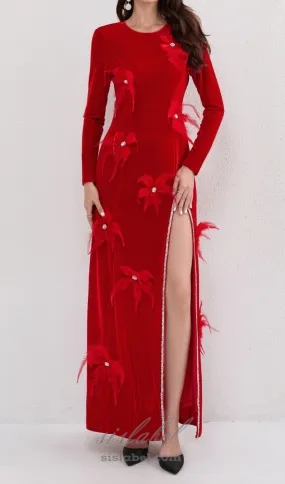 3d feather flower velvet maxi dress in red