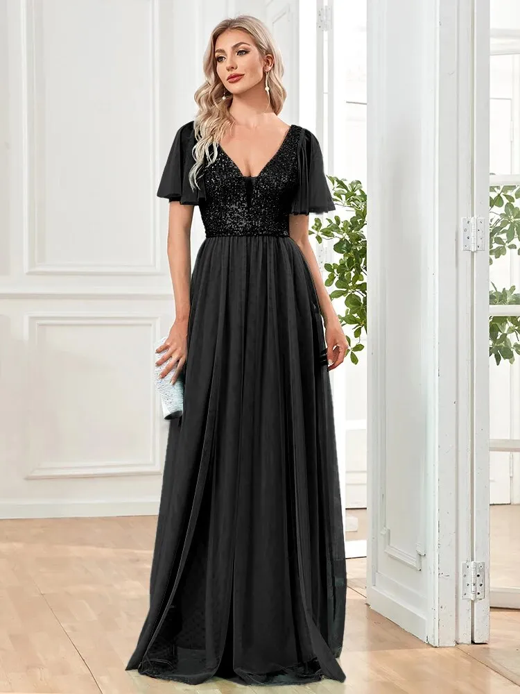 A Line V Neck Long Formal Dress with Sequins