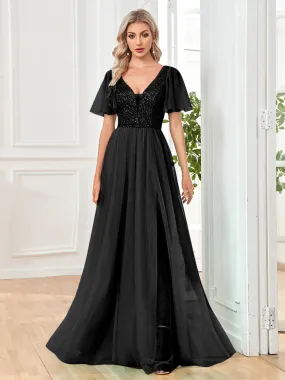 A Line V Neck Long Formal Dress with Sequins