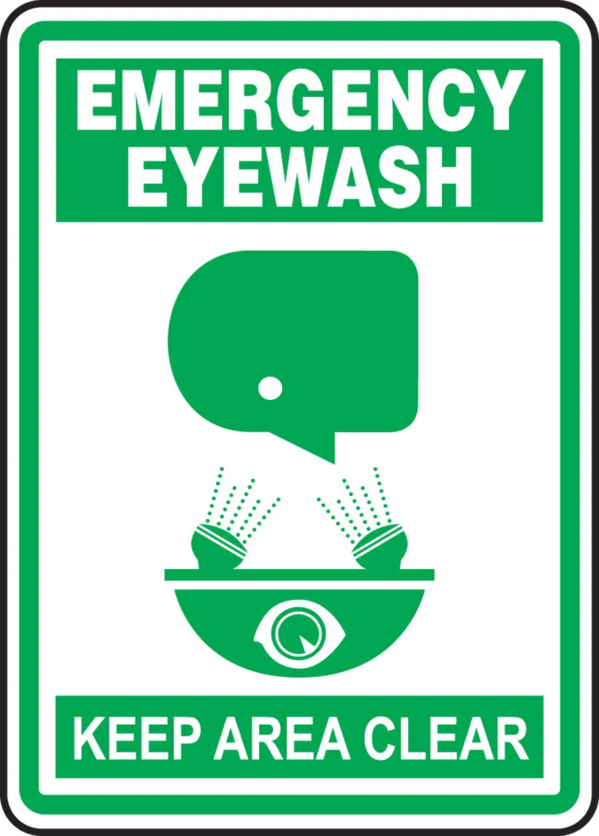 Accuform® 14" X 10" Green And White Aluminum Safety Signs "EMERGENCY EYEWASH KEEP AREA CLEAR"