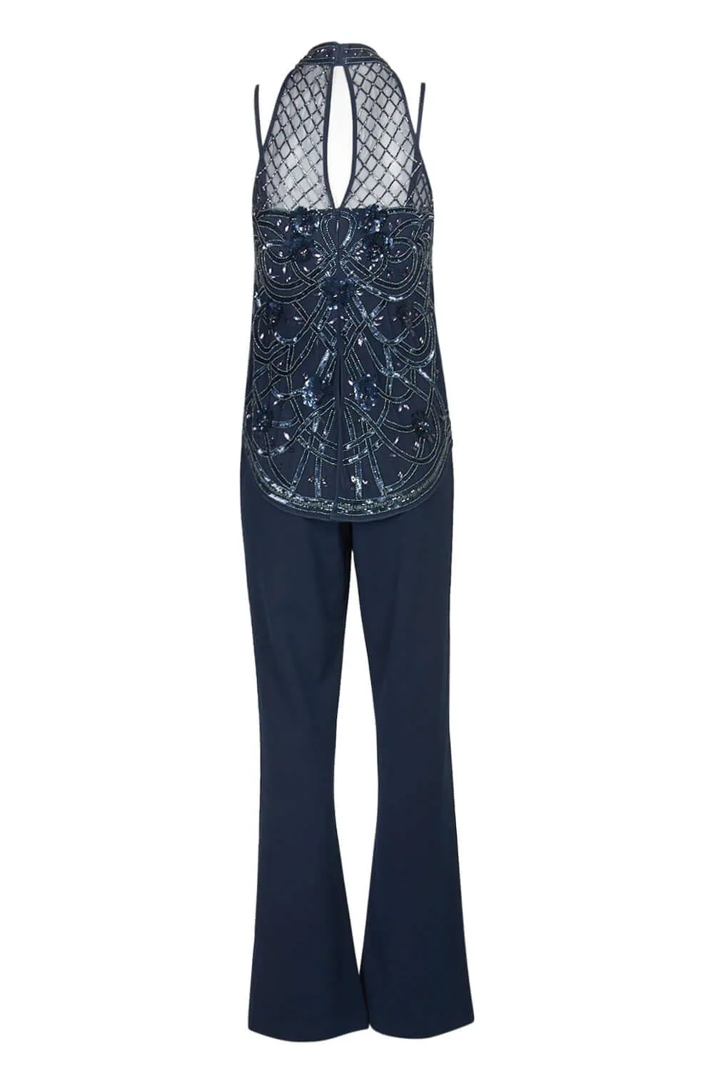 Aidan Mattox Halter Neck Illusion Embellished Popover Keyhole Back Mesh Stretch Crepe Jumpsuit