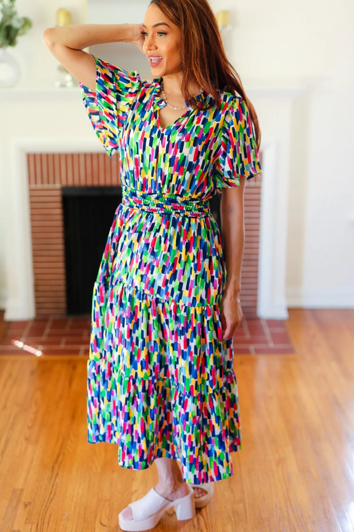 All For You Navy Multicolor Abstract Print Smocked Waist Maxi Dress