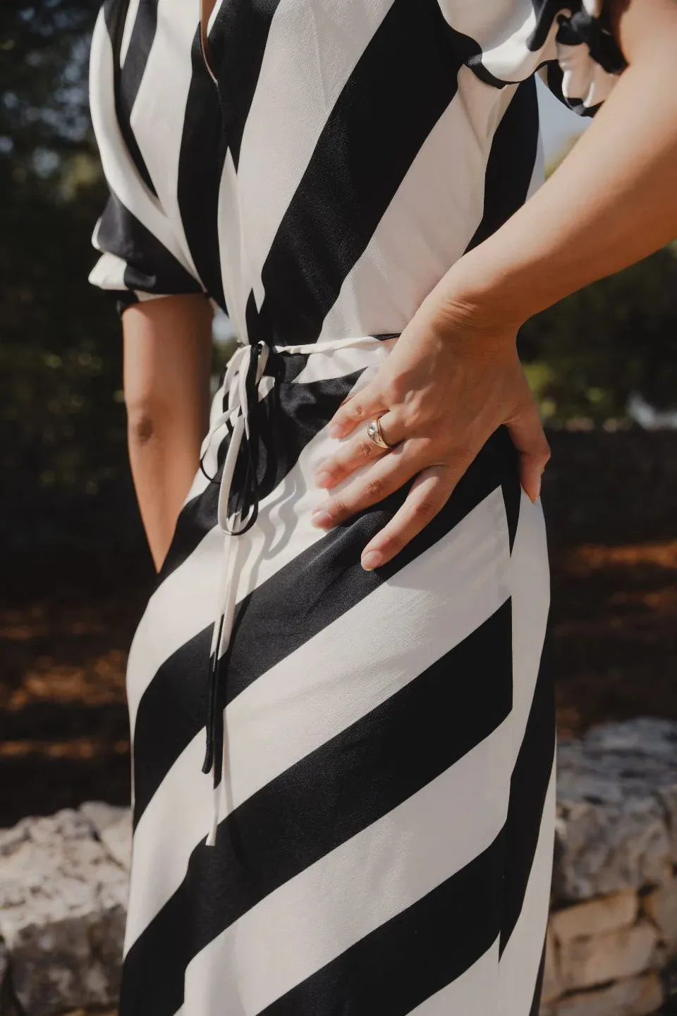 Among the Brave Amora Black White Stripe Bias Midi Dress