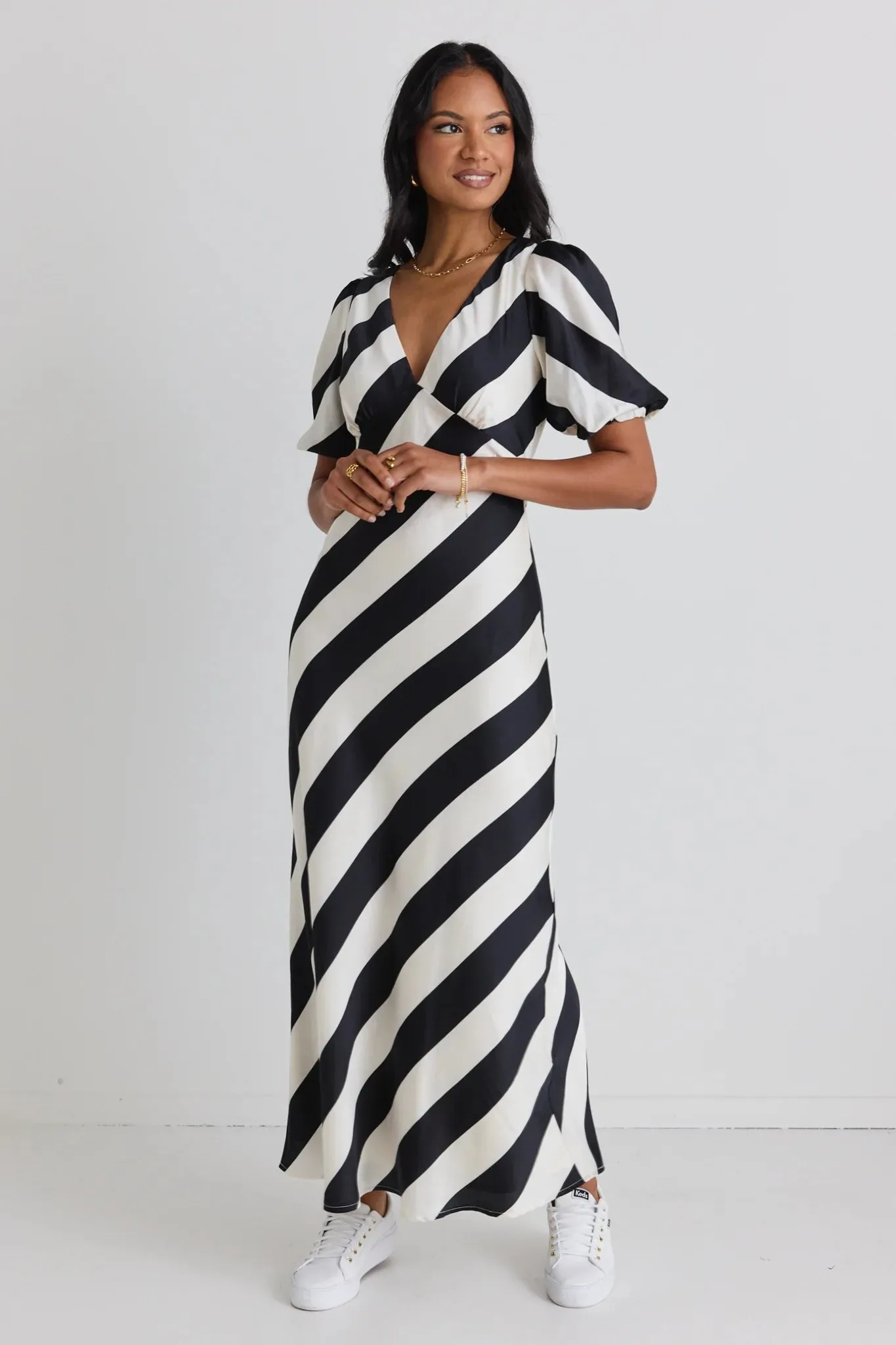 Among the Brave Amora Black White Stripe Bias Midi Dress