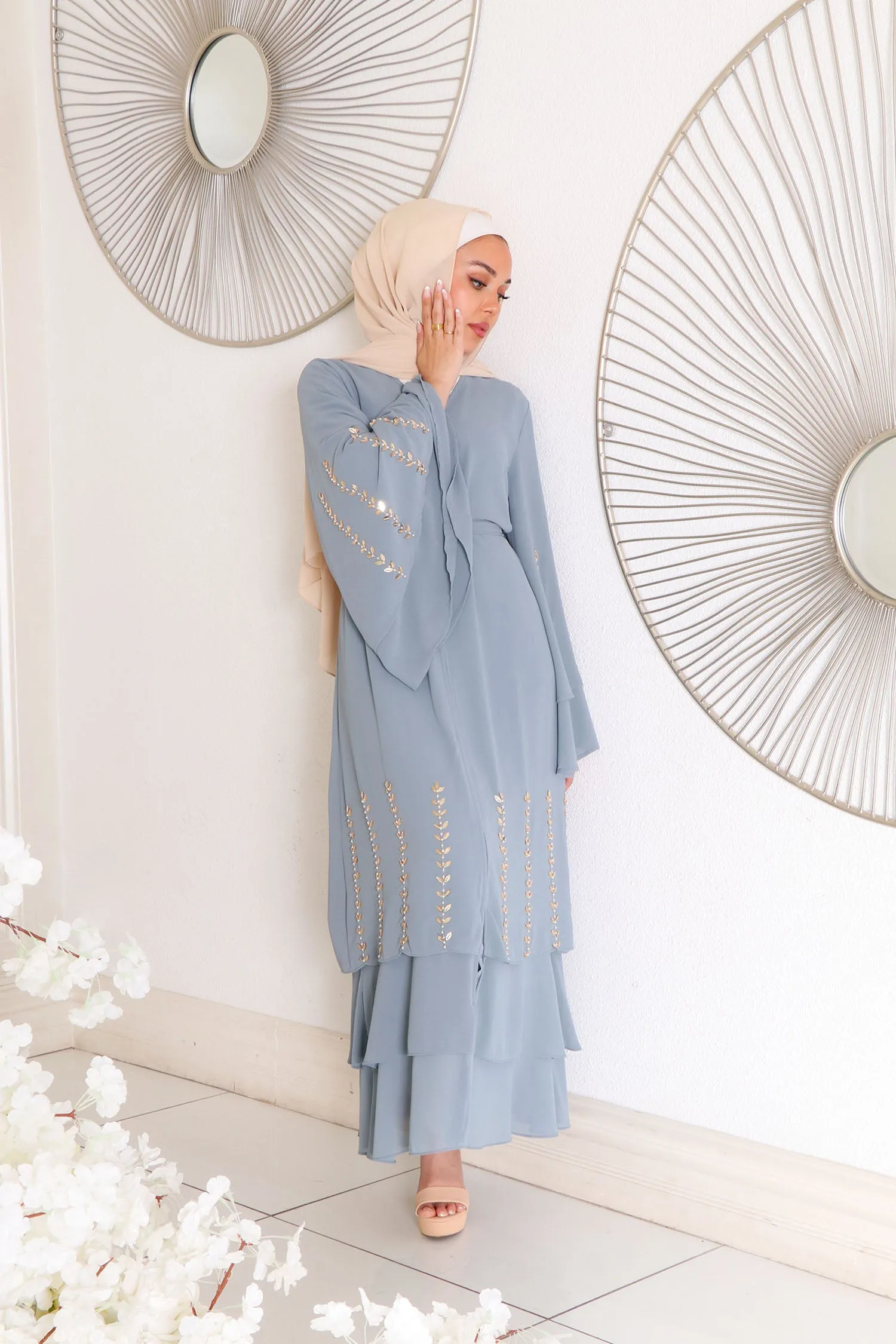 Amor Chiffon Layered Abaya- Dark Dusty Blue