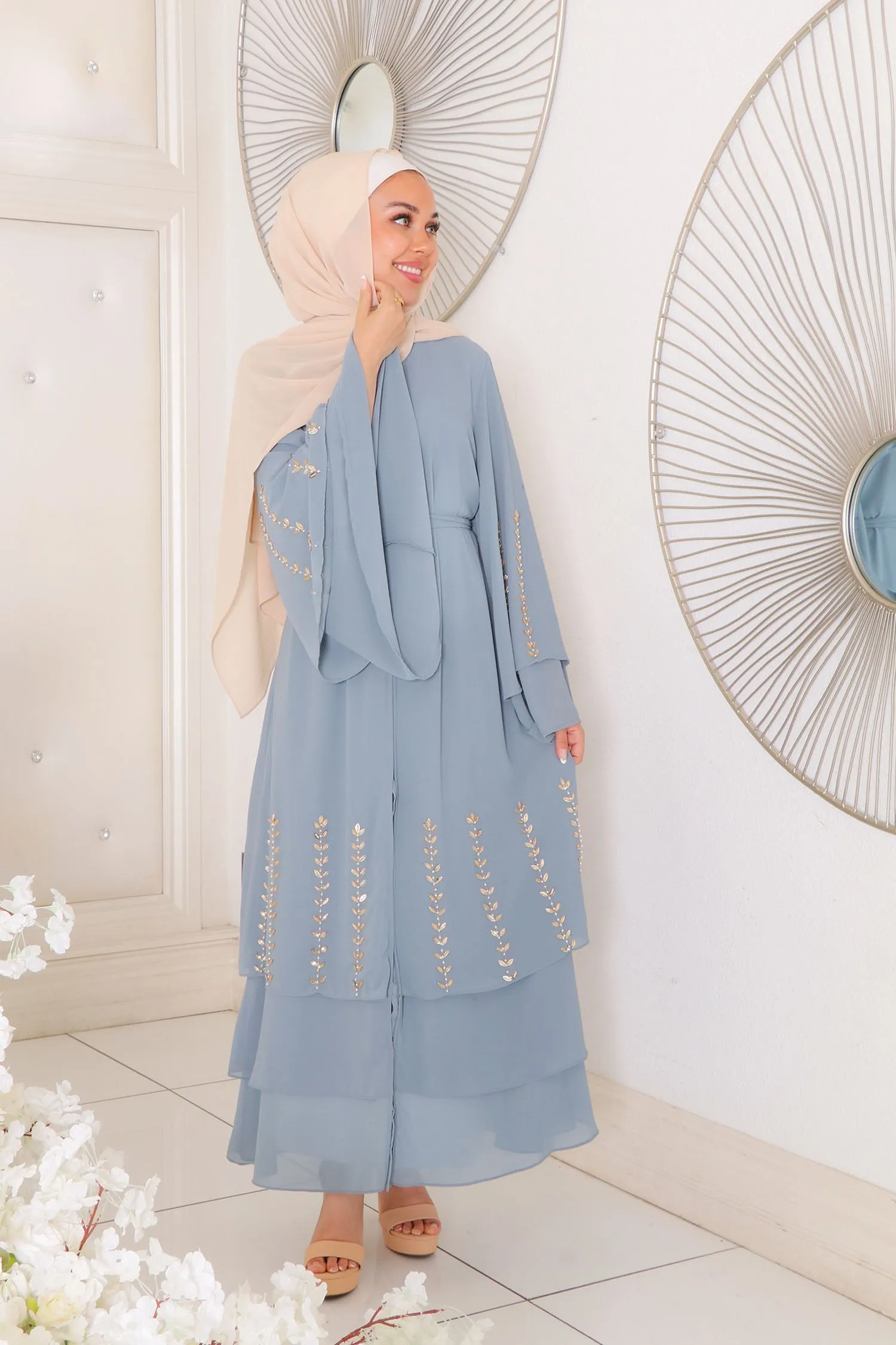 Amor Chiffon Layered Abaya- Dark Dusty Blue