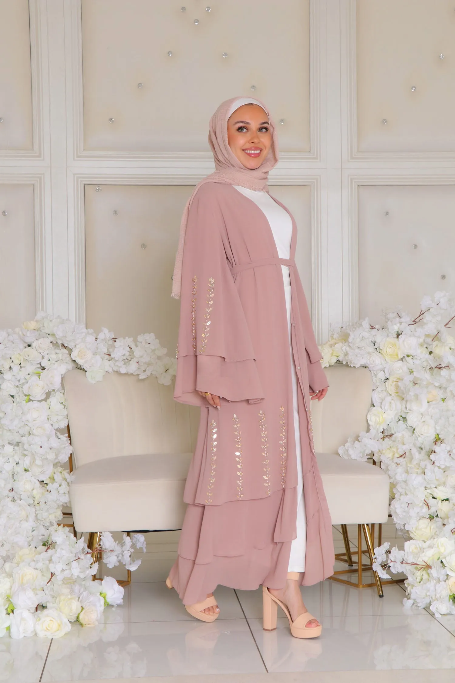 Amor Chiffon Layered Abaya- Rose Pink