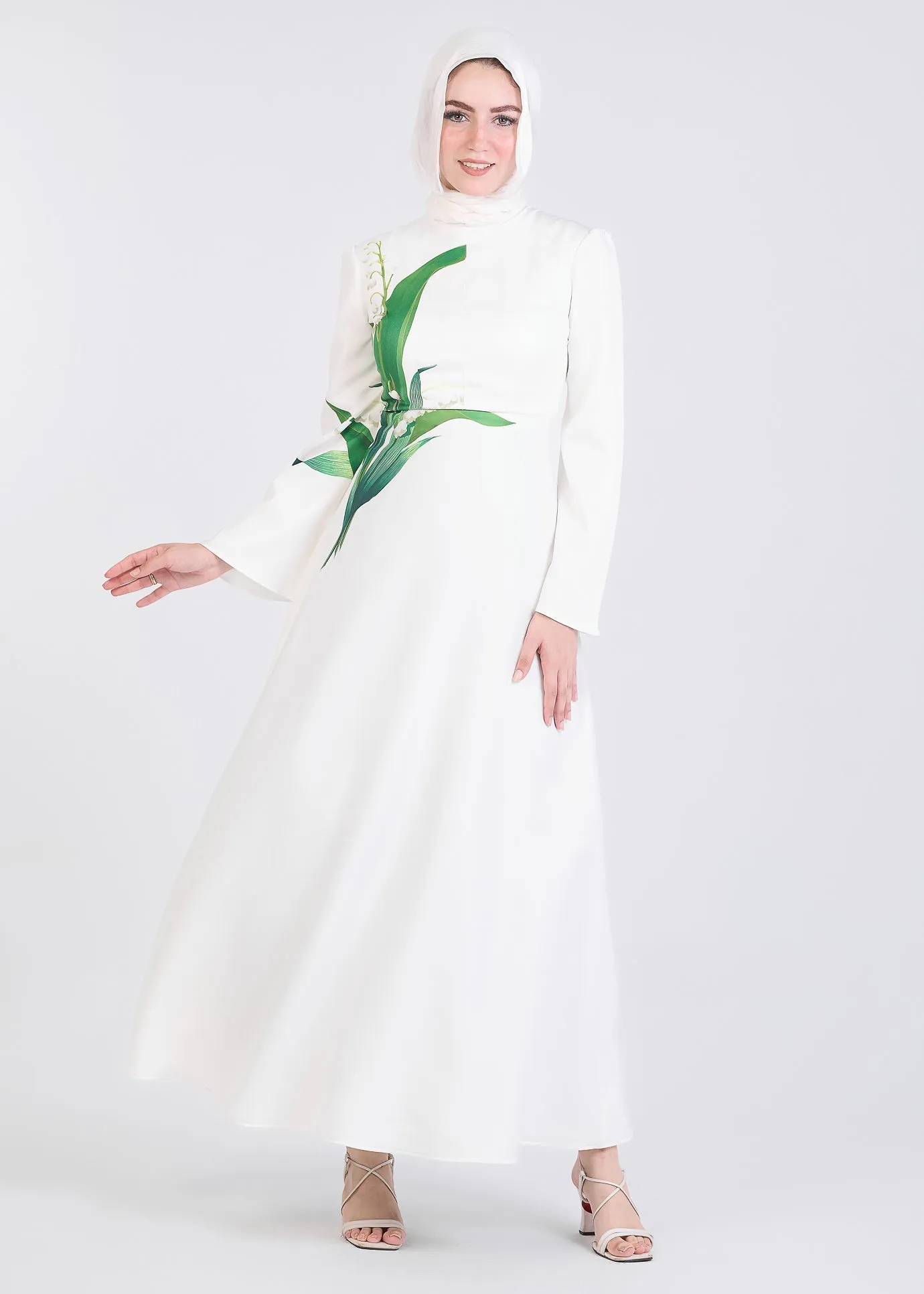 Aseel Lily-Inspired Flared Sleeve Maxi Dress in Ivory Crepe