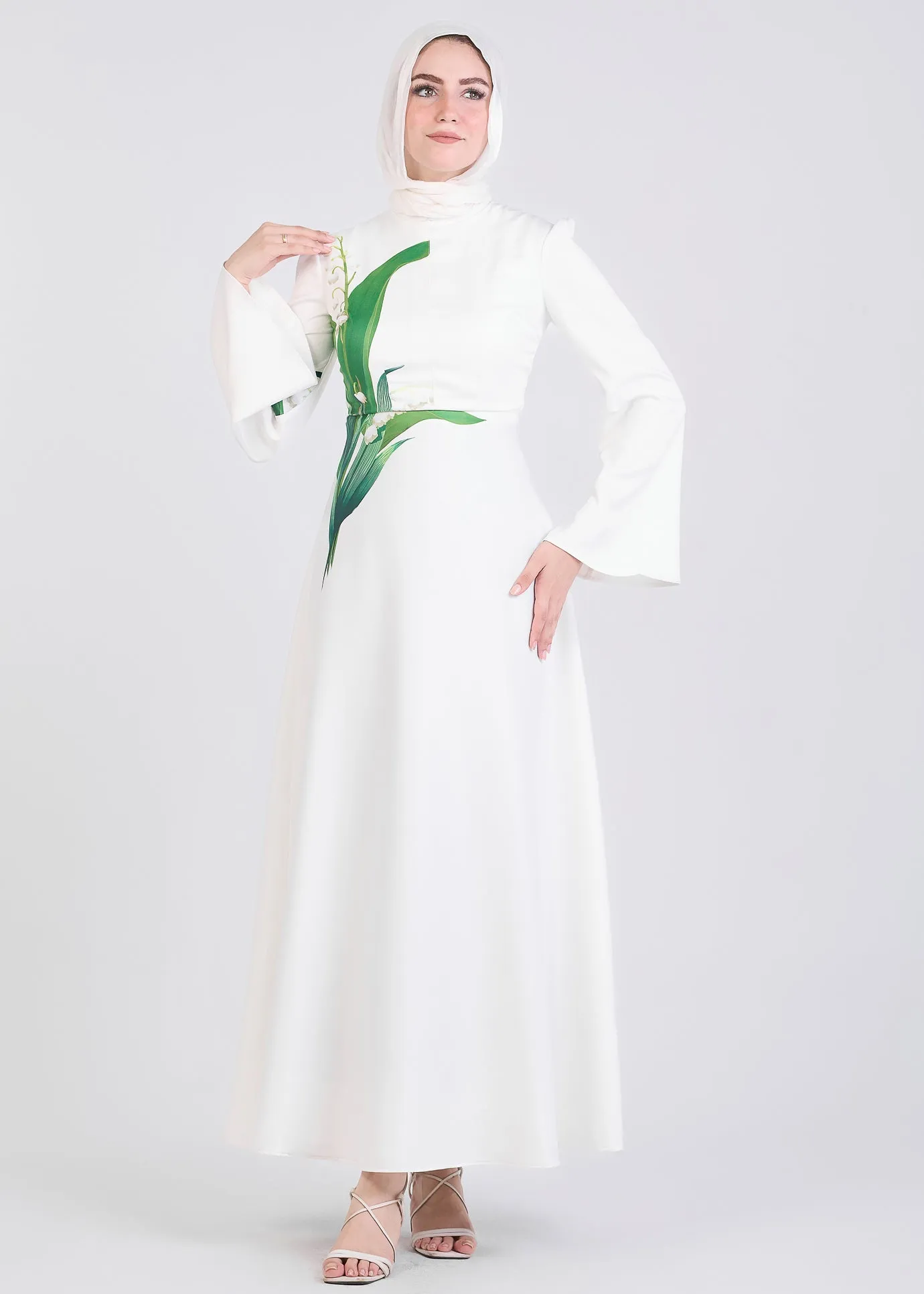 Aseel Lily-Inspired Flared Sleeve Maxi Dress in Ivory Crepe