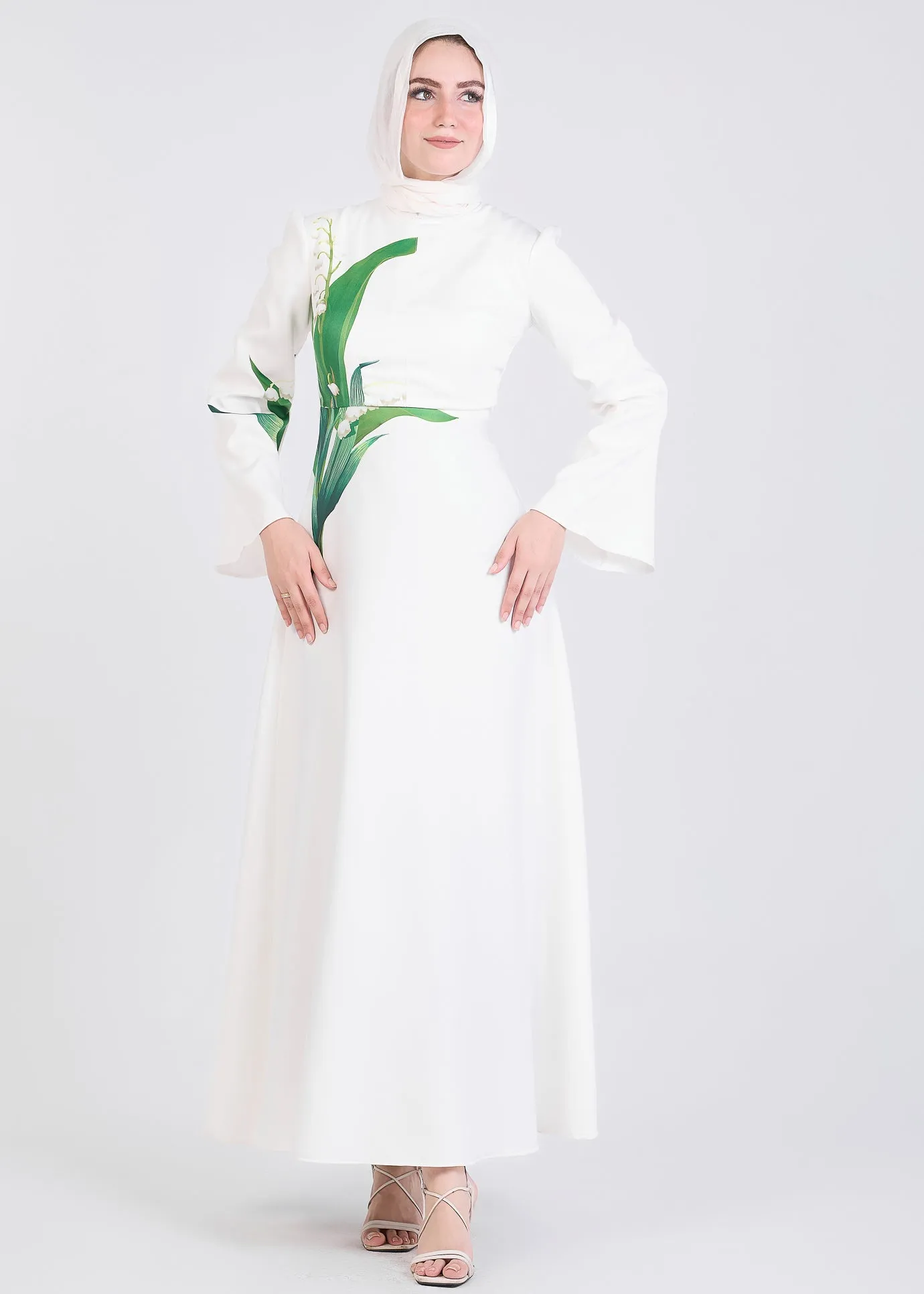 Aseel Lily-Inspired Flared Sleeve Maxi Dress in Ivory Crepe