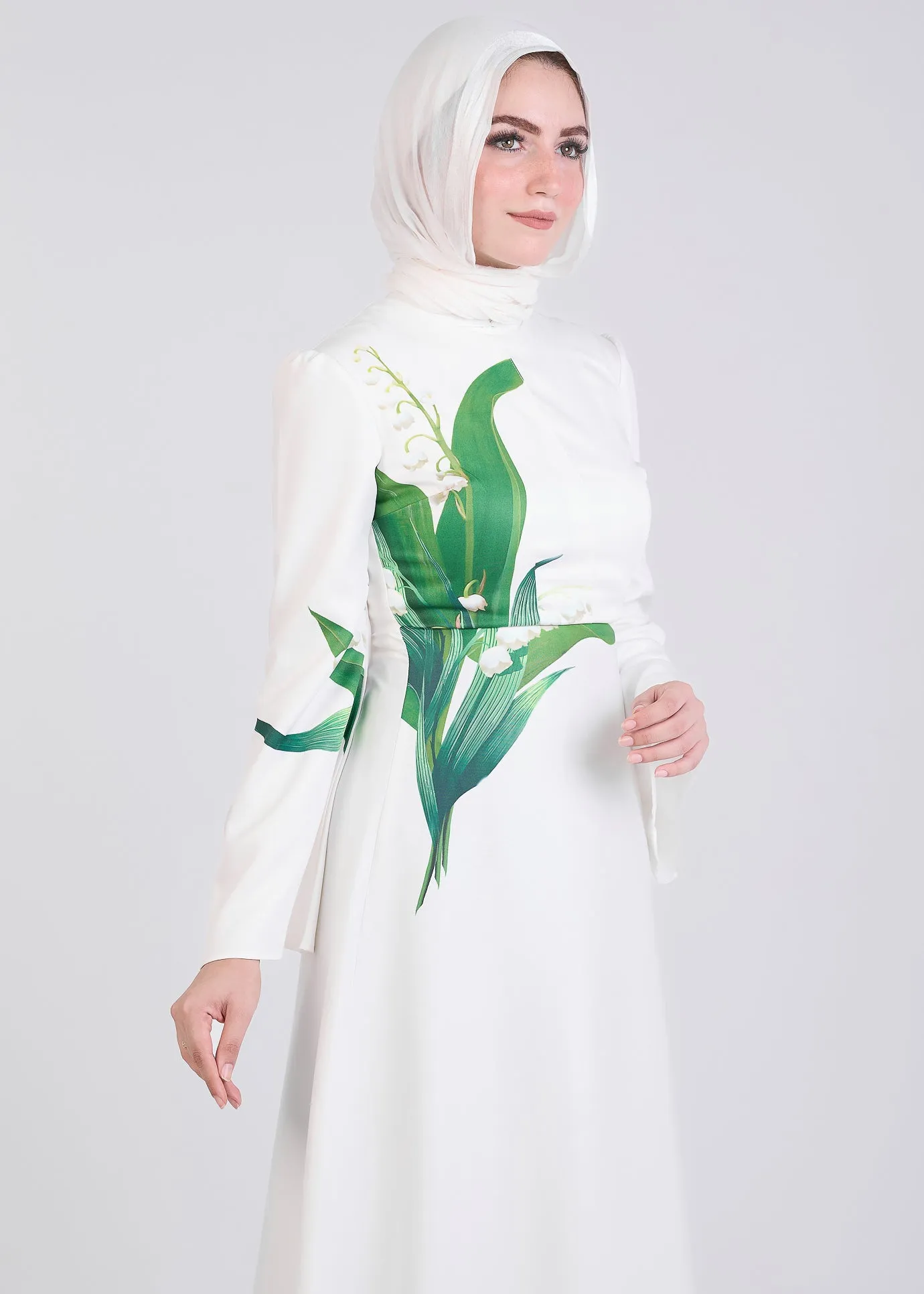 Aseel Lily-Inspired Flared Sleeve Maxi Dress in Ivory Crepe