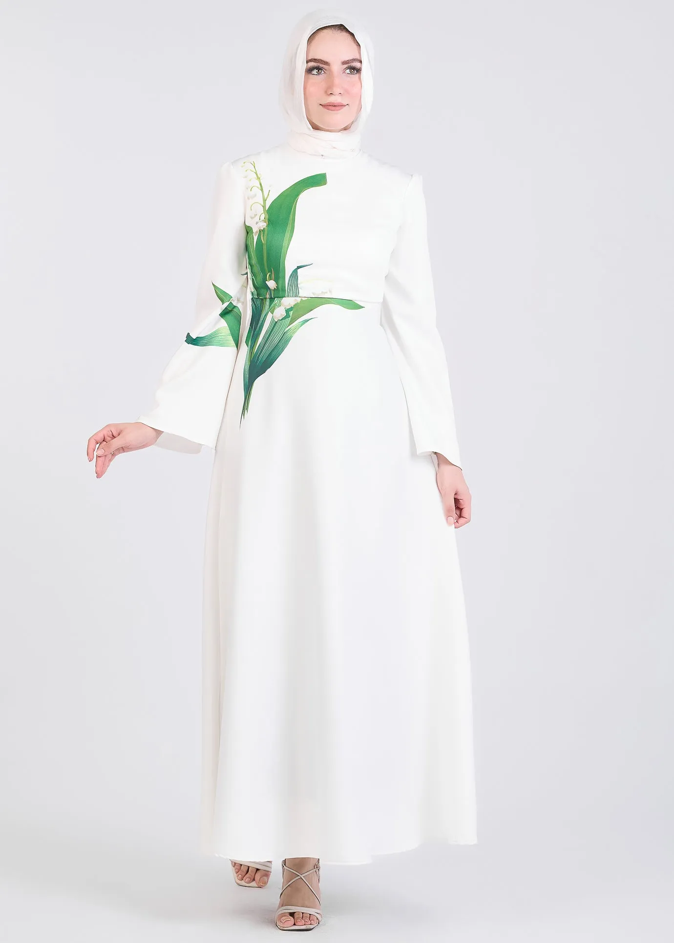 Aseel Lily-Inspired Flared Sleeve Maxi Dress in Ivory Crepe