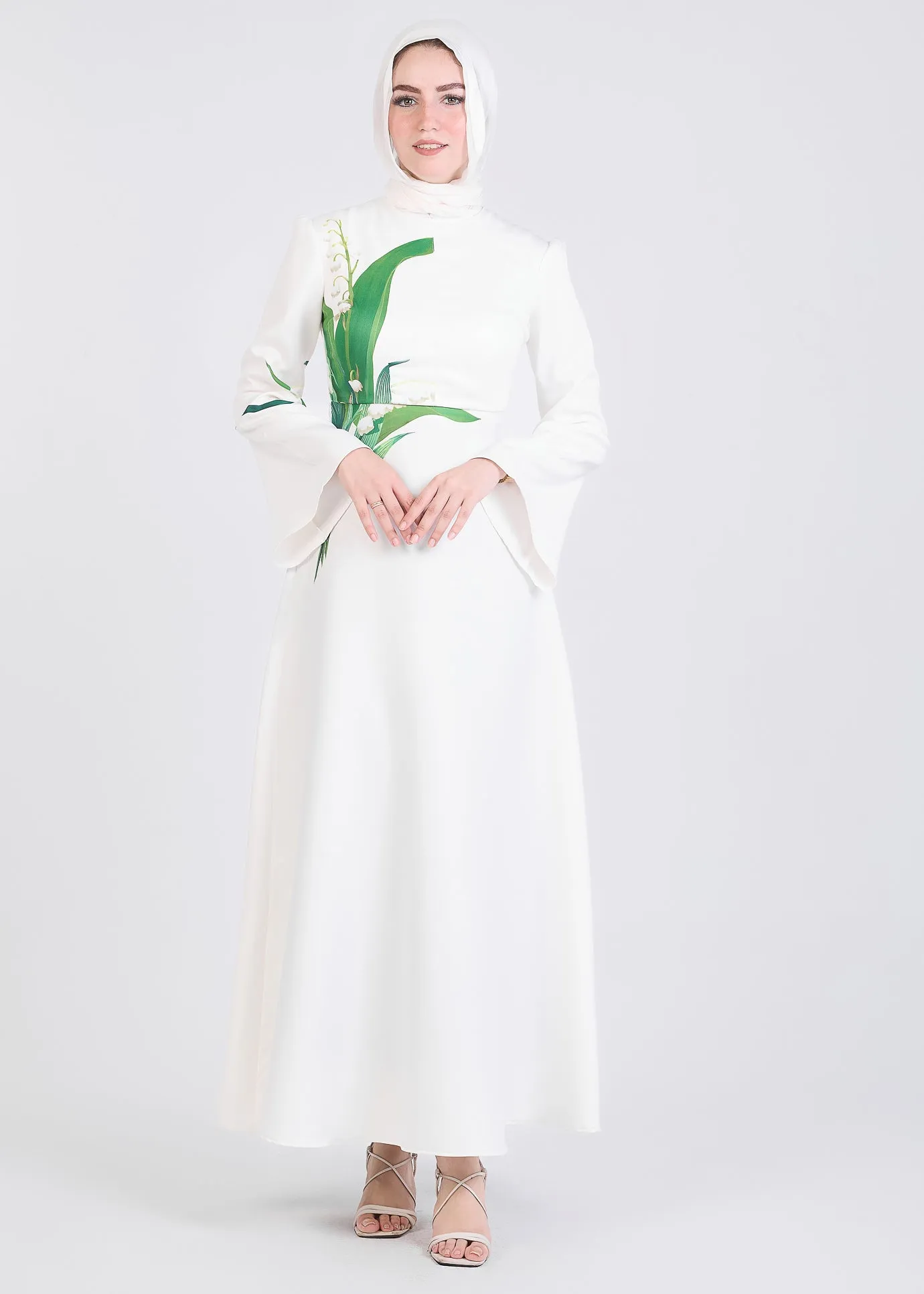 Aseel Lily-Inspired Flared Sleeve Maxi Dress in Ivory Crepe