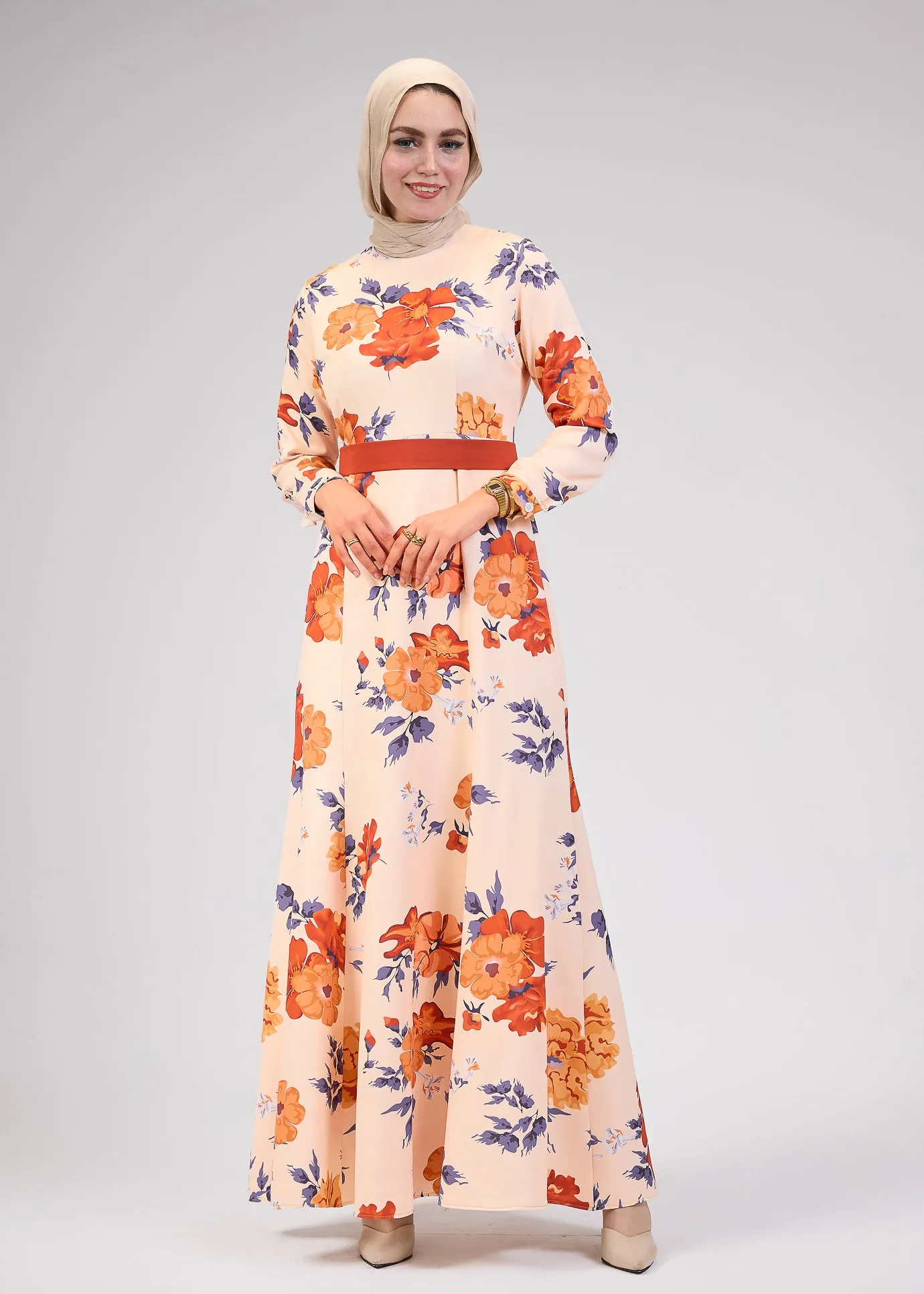 Aziza Blossom Crepe High-Neck Floral Modesty Maxi Dress