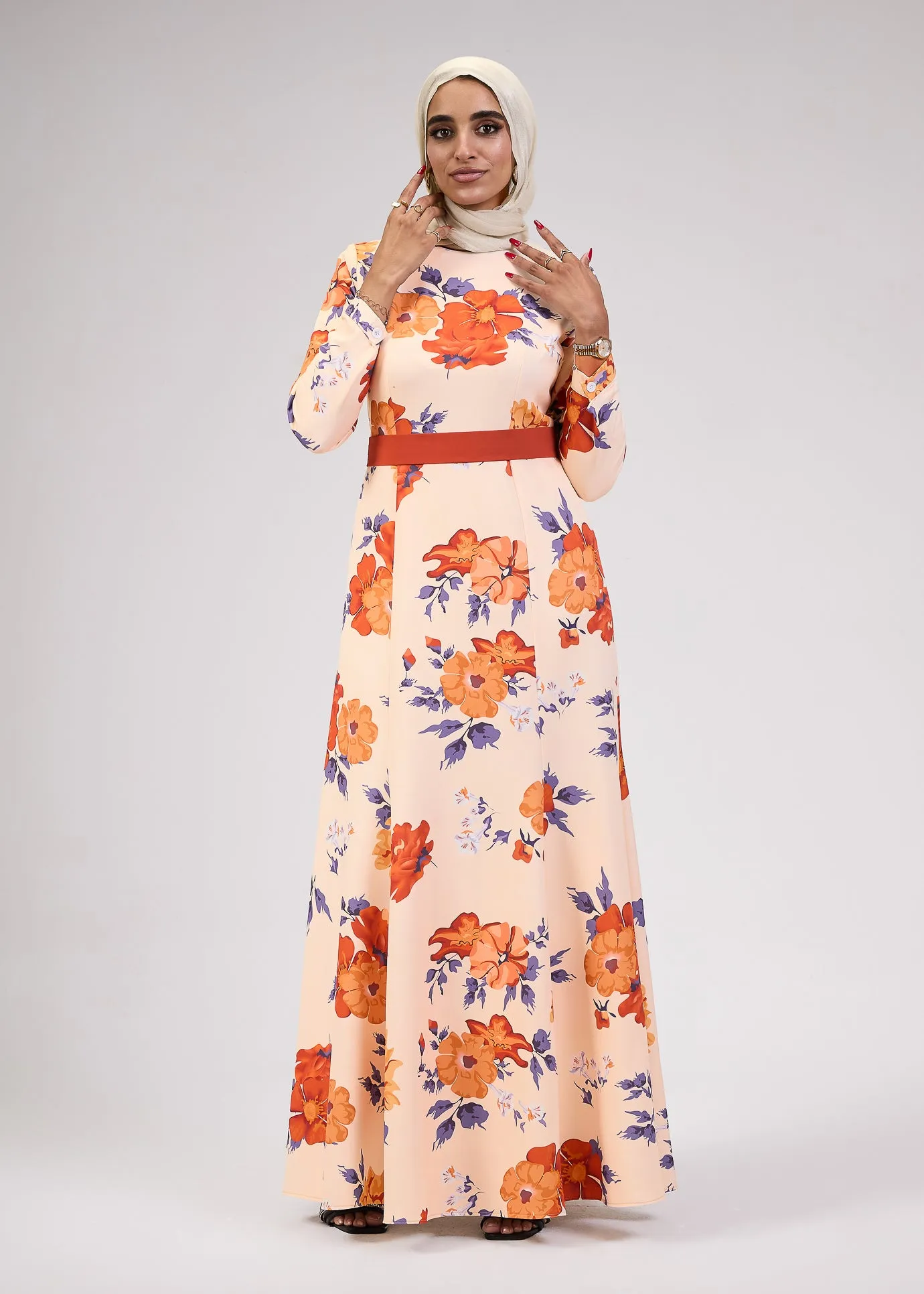 Aziza Blossom Crepe High-Neck Floral Modesty Maxi Dress