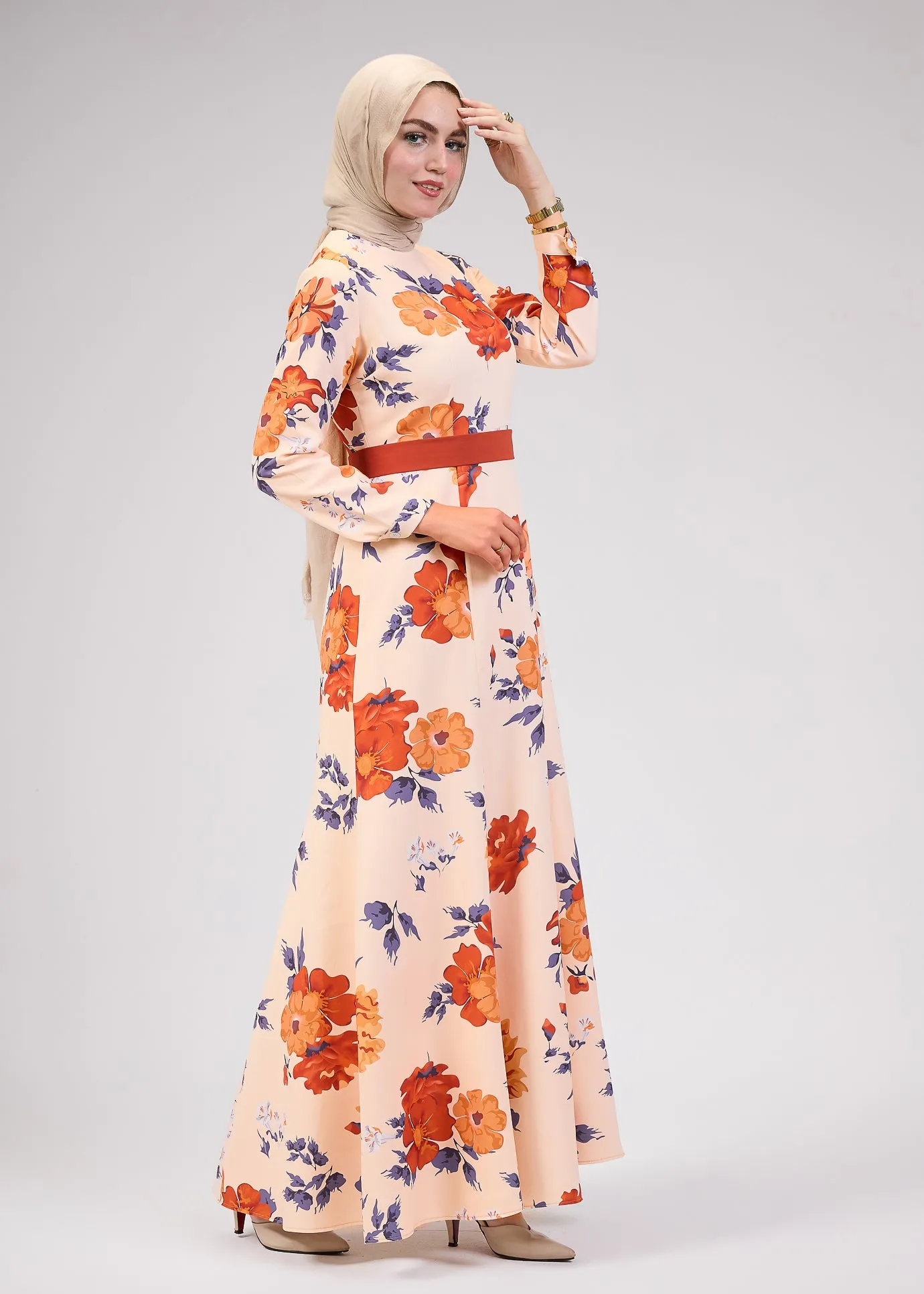 Aziza Blossom Crepe High-Neck Floral Modesty Maxi Dress