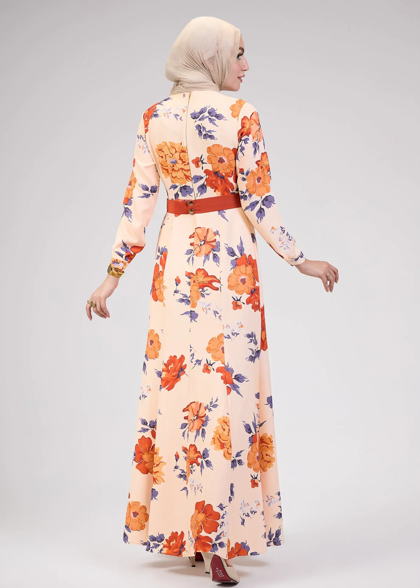 Aziza Blossom Crepe High-Neck Floral Modesty Maxi Dress