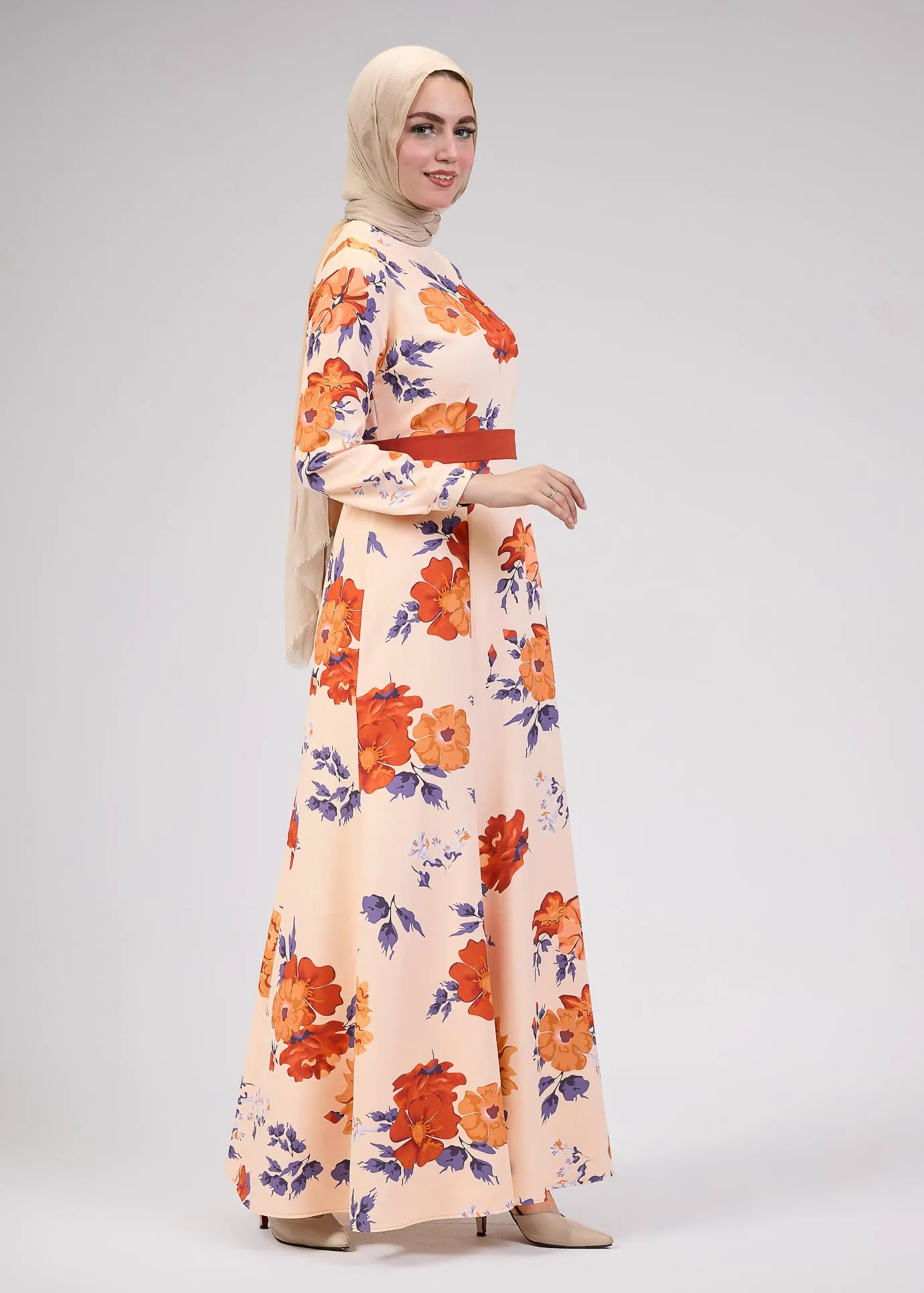 Aziza Blossom Crepe High-Neck Floral Modesty Maxi Dress