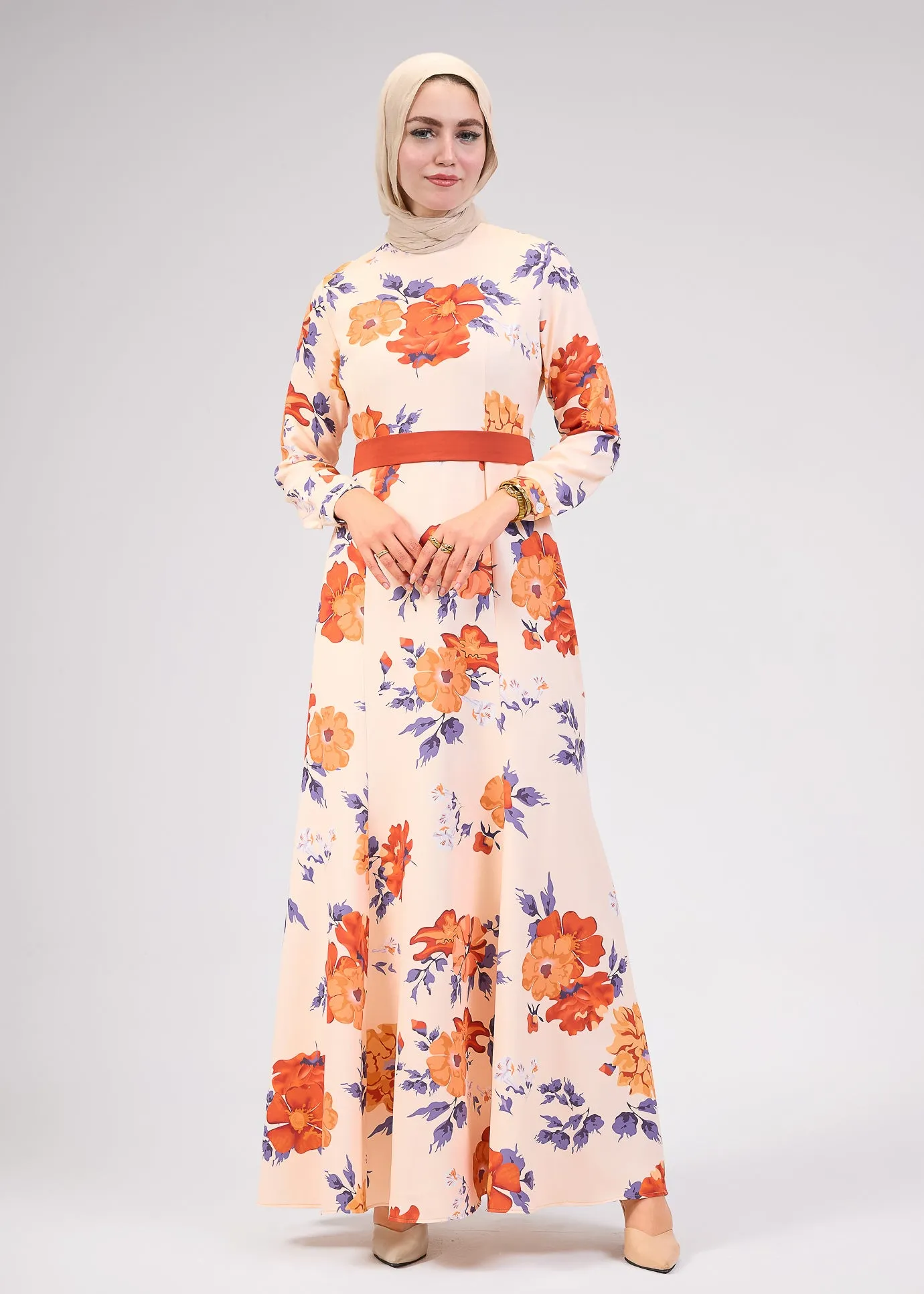 Aziza Blossom Crepe High-Neck Floral Modesty Maxi Dress