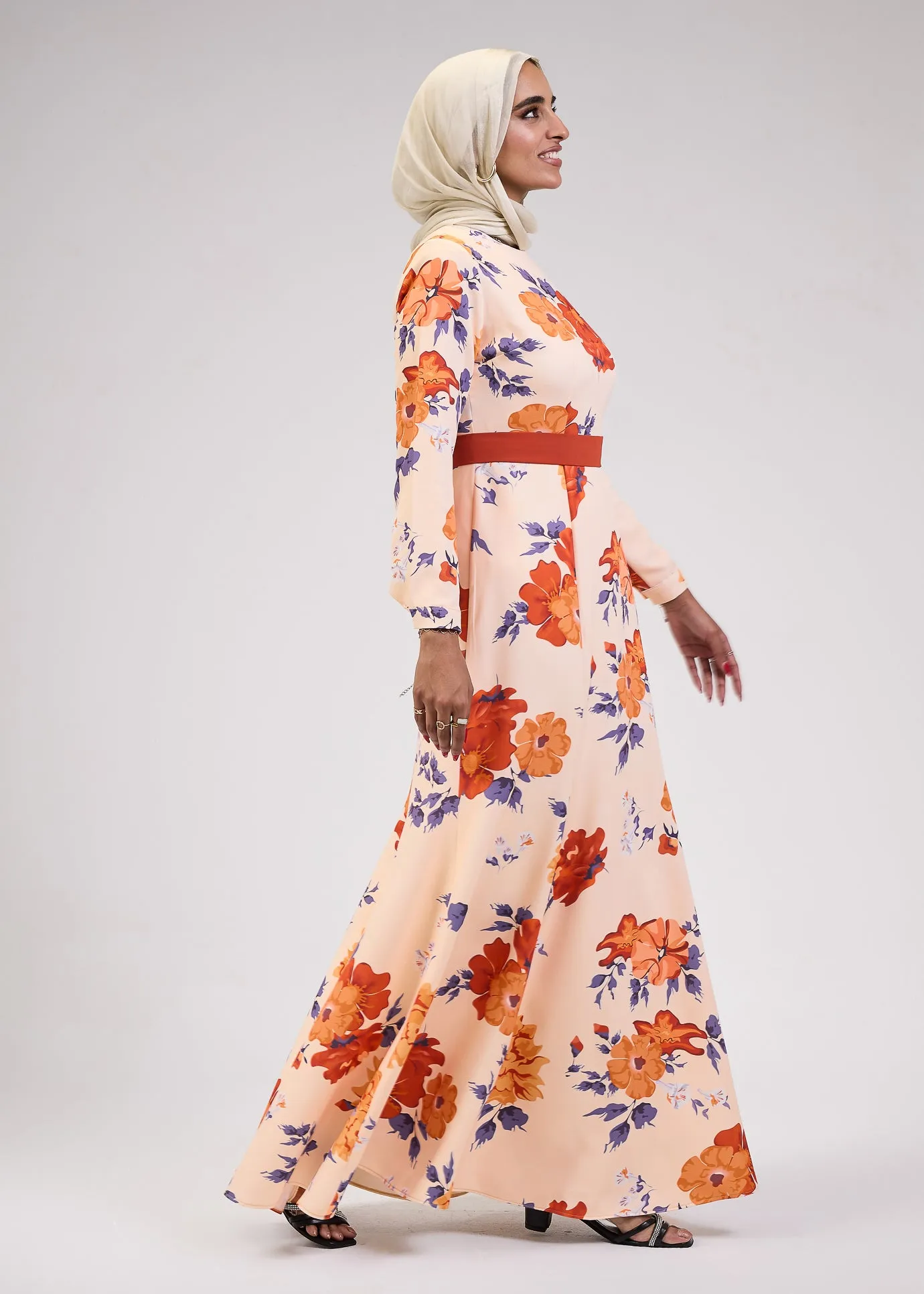 Aziza Blossom Crepe High-Neck Floral Modesty Maxi Dress