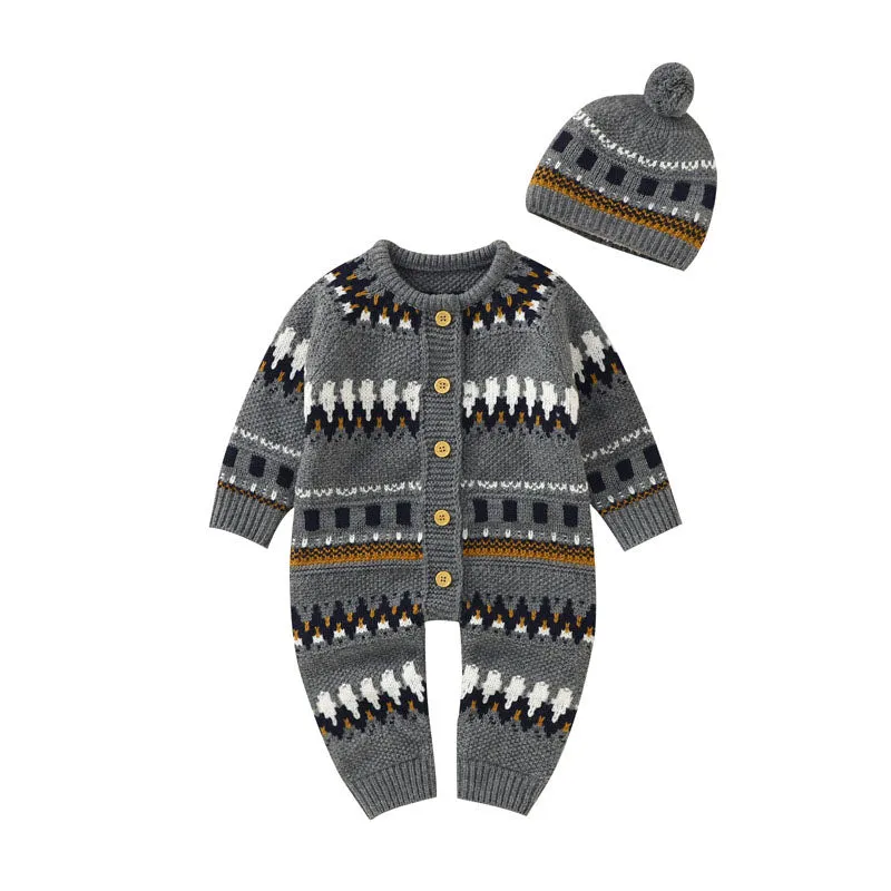 Baby Embroidered Pattern Contrast Design Vintage Style Warm Knitting Romper With Hat by MyKids-USA™