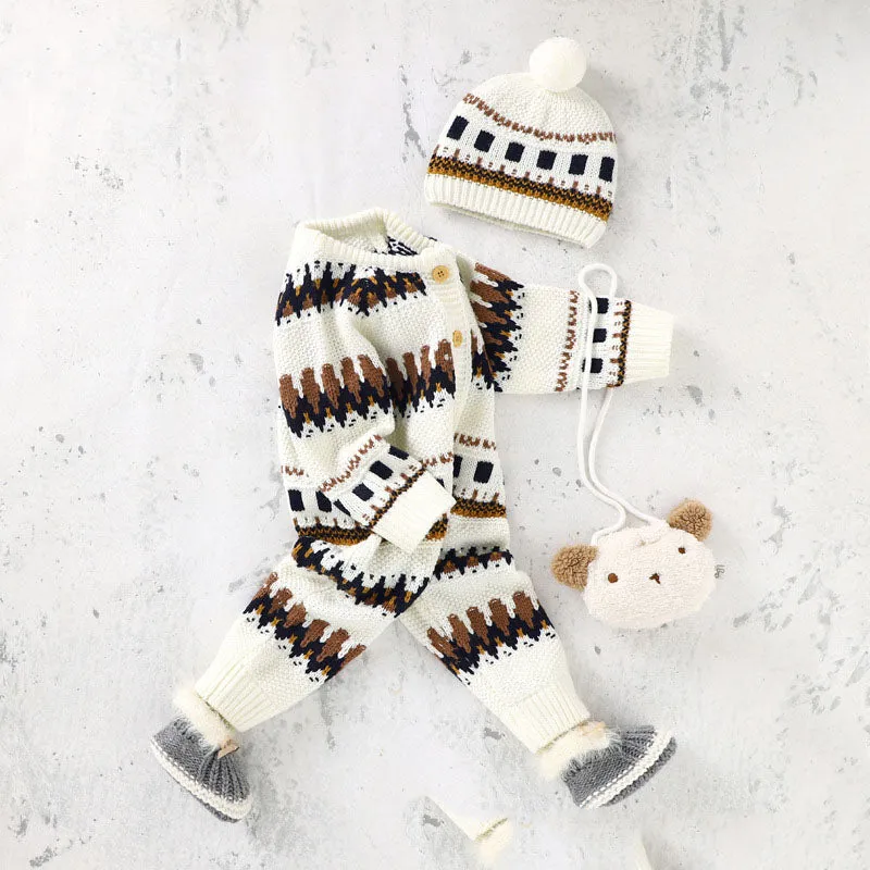 Baby Embroidered Pattern Contrast Design Vintage Style Warm Knitting Romper With Hat by MyKids-USA™