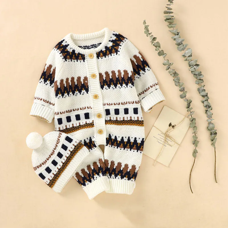 Baby Embroidered Pattern Contrast Design Vintage Style Warm Knitting Romper With Hat by MyKids-USA™