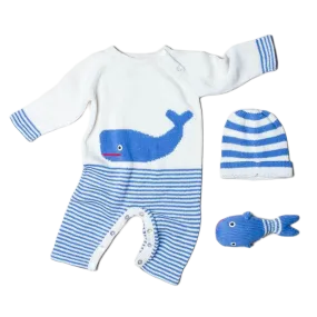 Baby Gift Set - Knit Romper, Hat & Rattle Whale