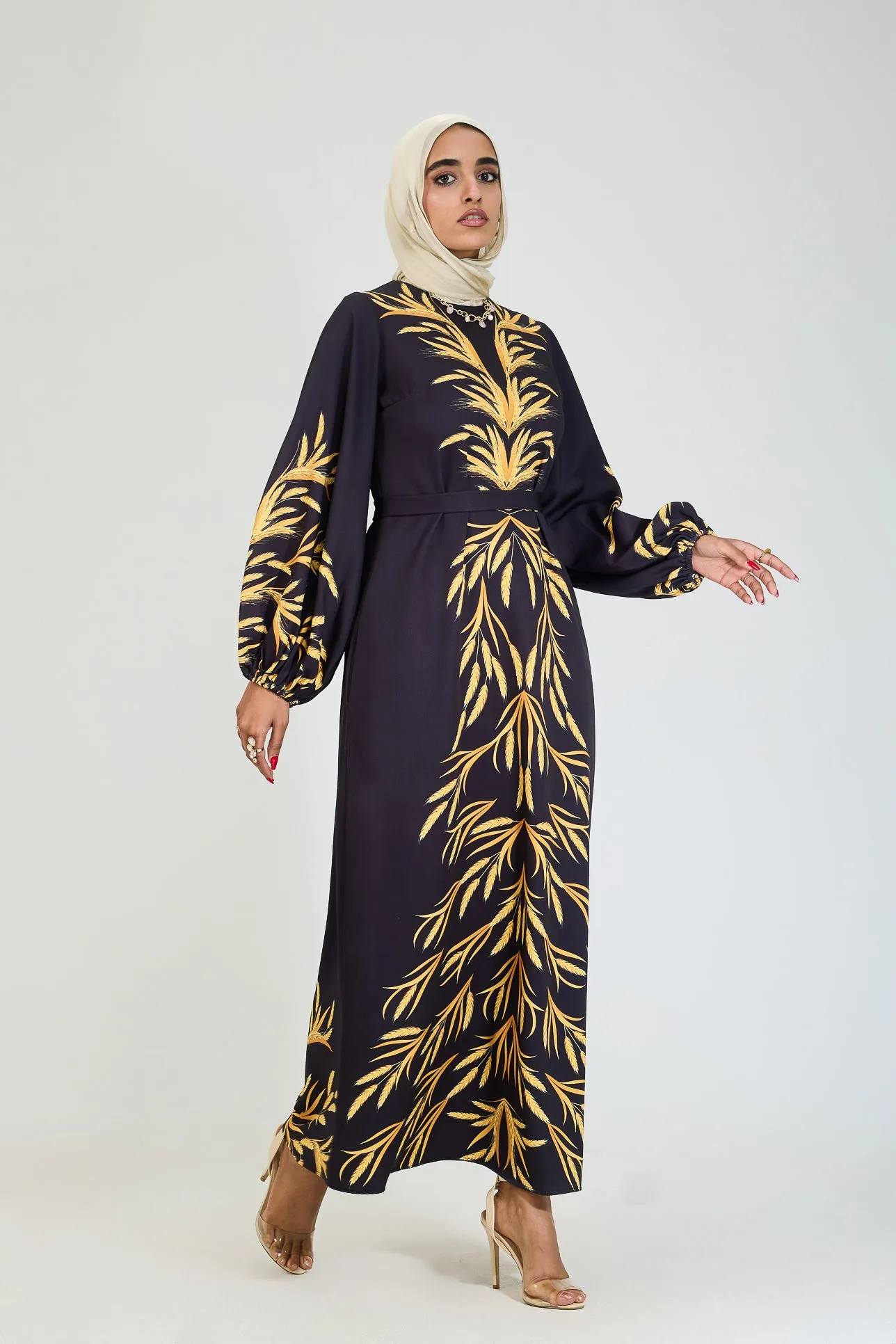 Bahar Embellished Crepe Modesty Dress with Golden Leaf Pattern