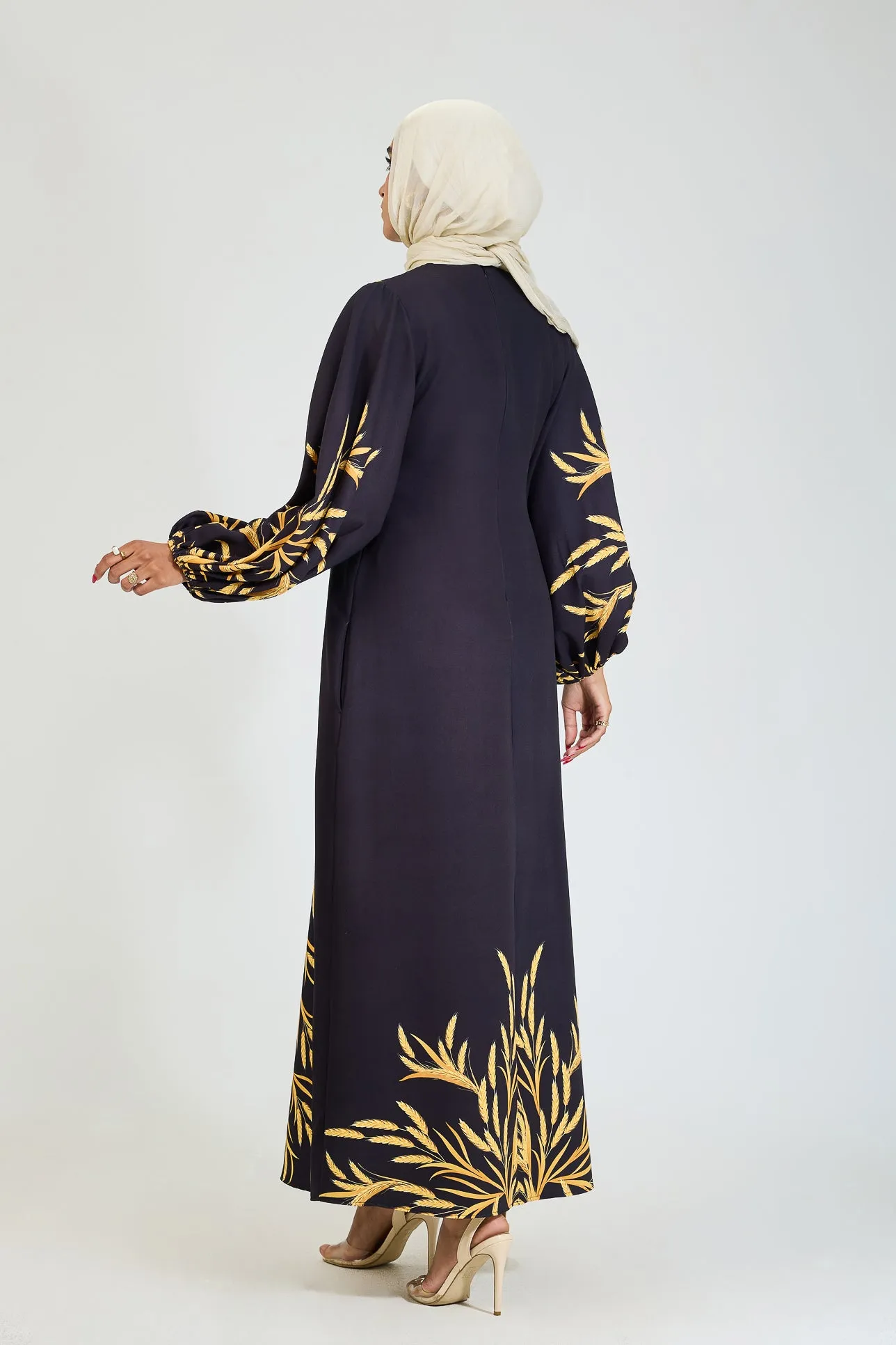 Bahar Embellished Crepe Modesty Dress with Golden Leaf Pattern