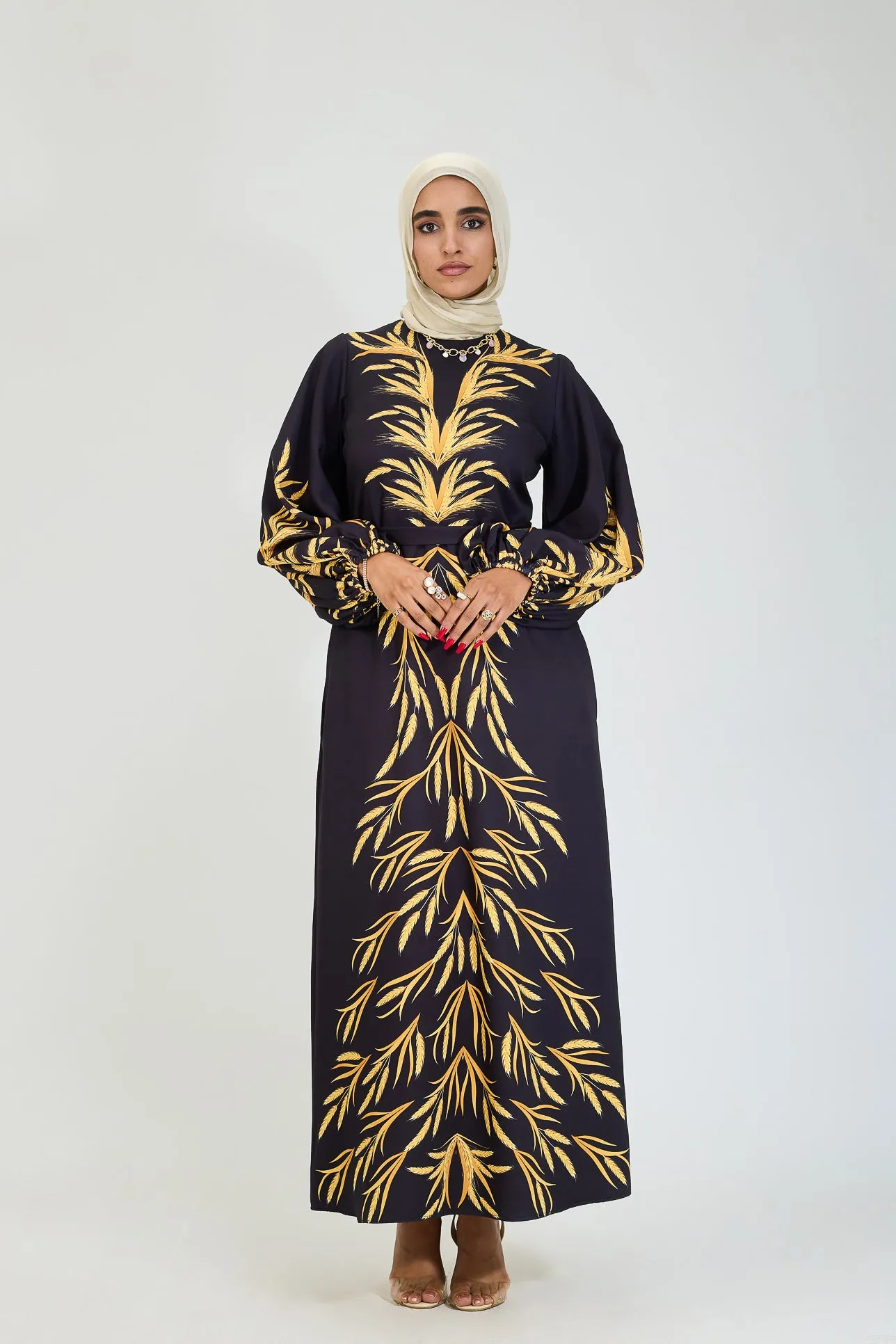 Bahar Embellished Crepe Modesty Dress with Golden Leaf Pattern