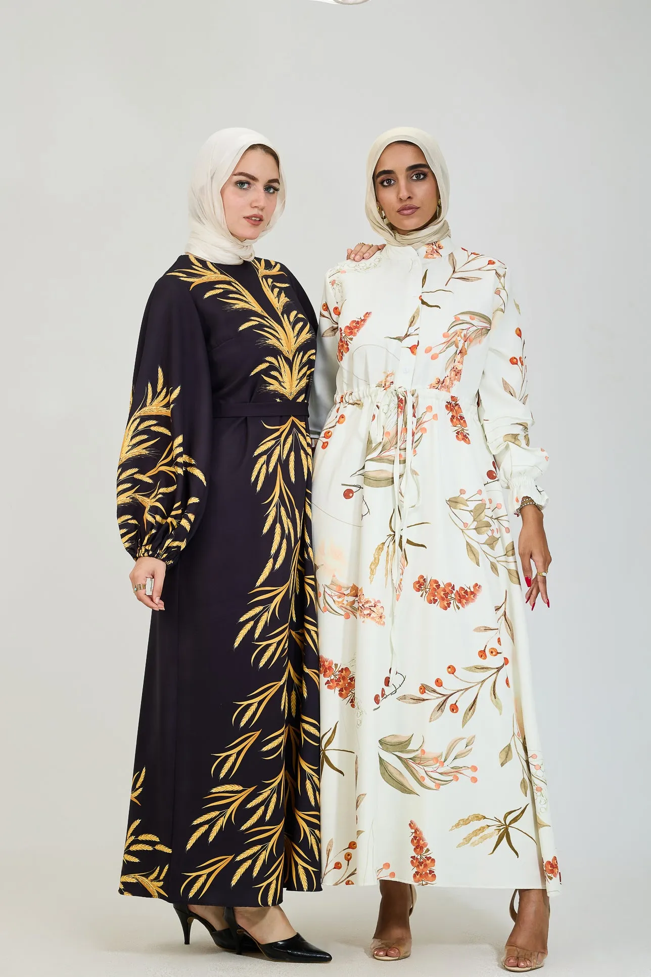 Bahar Embellished Crepe Modesty Dress with Golden Leaf Pattern