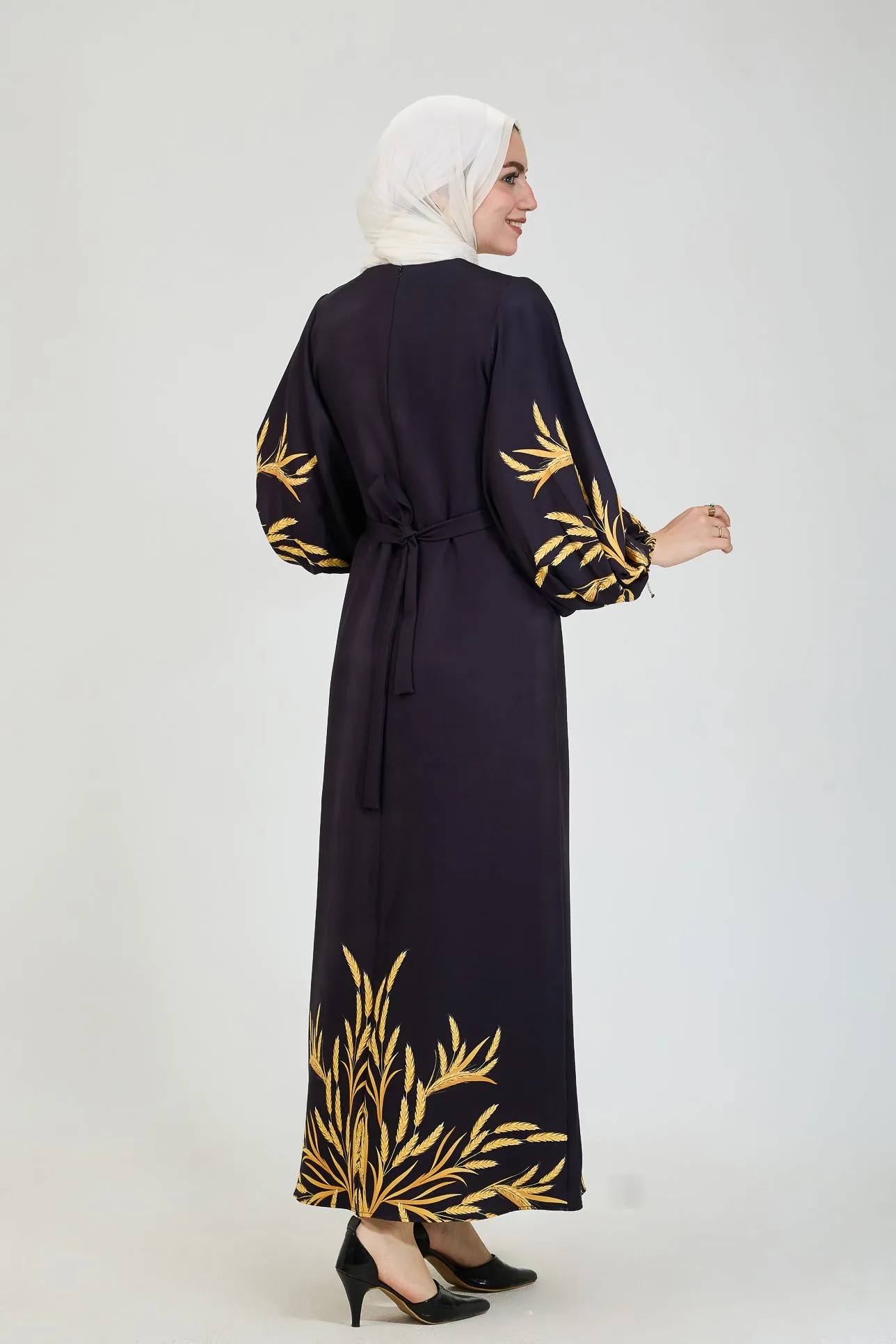 Bahar Embellished Crepe Modesty Dress with Golden Leaf Pattern