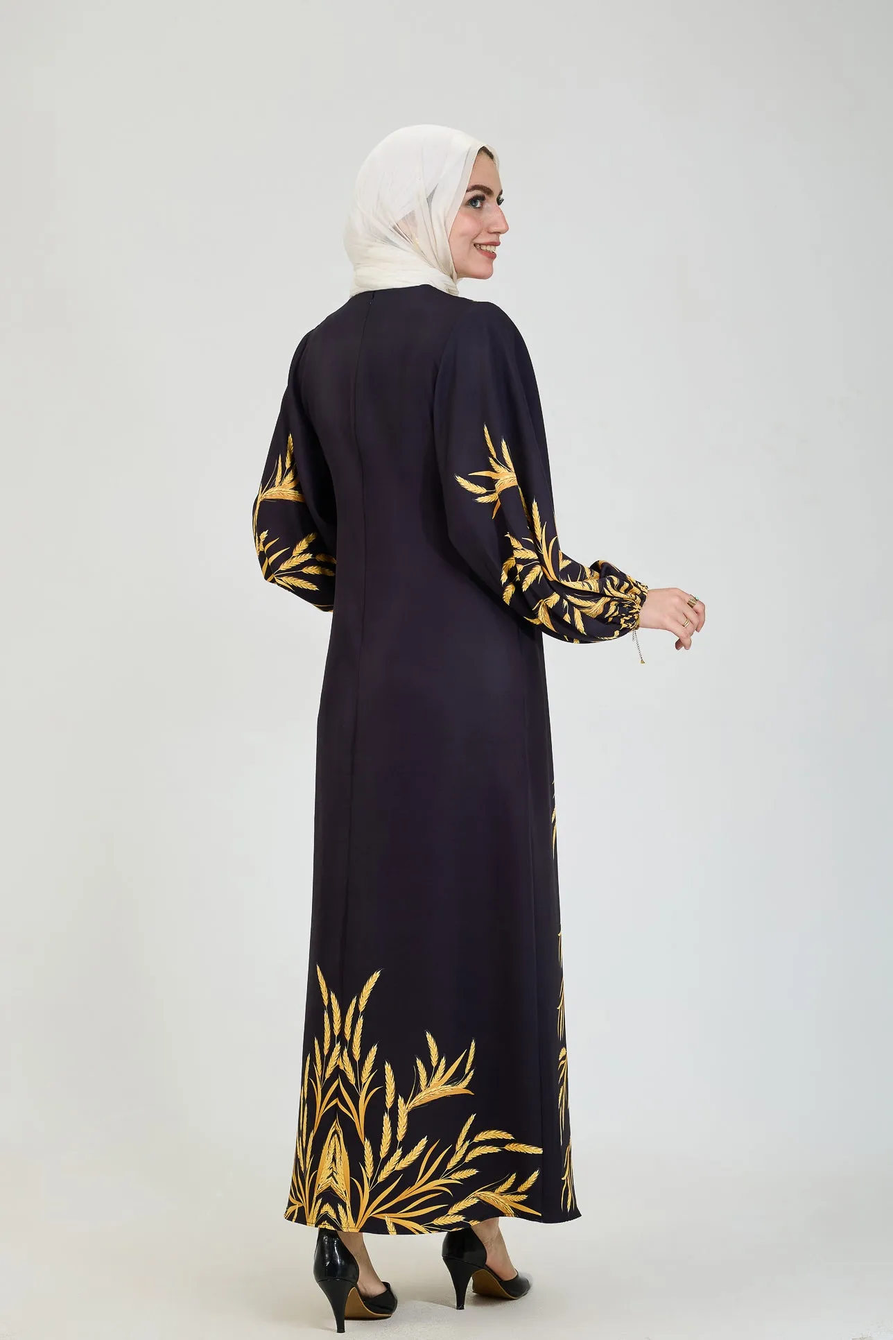 Bahar Embellished Crepe Modesty Dress with Golden Leaf Pattern