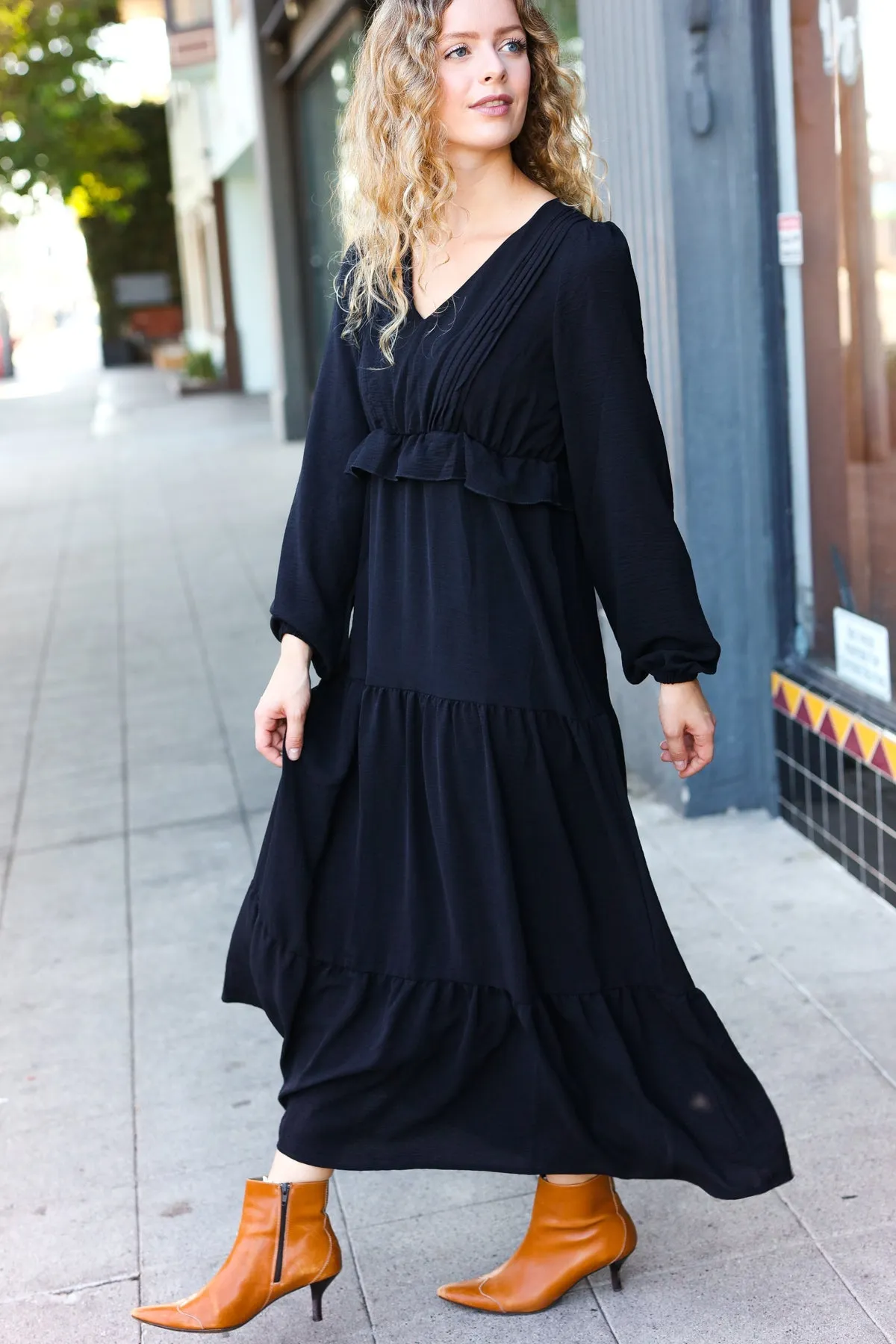 Beautiful You Black Pintuck Detail Frill V Neck Maxi Dress