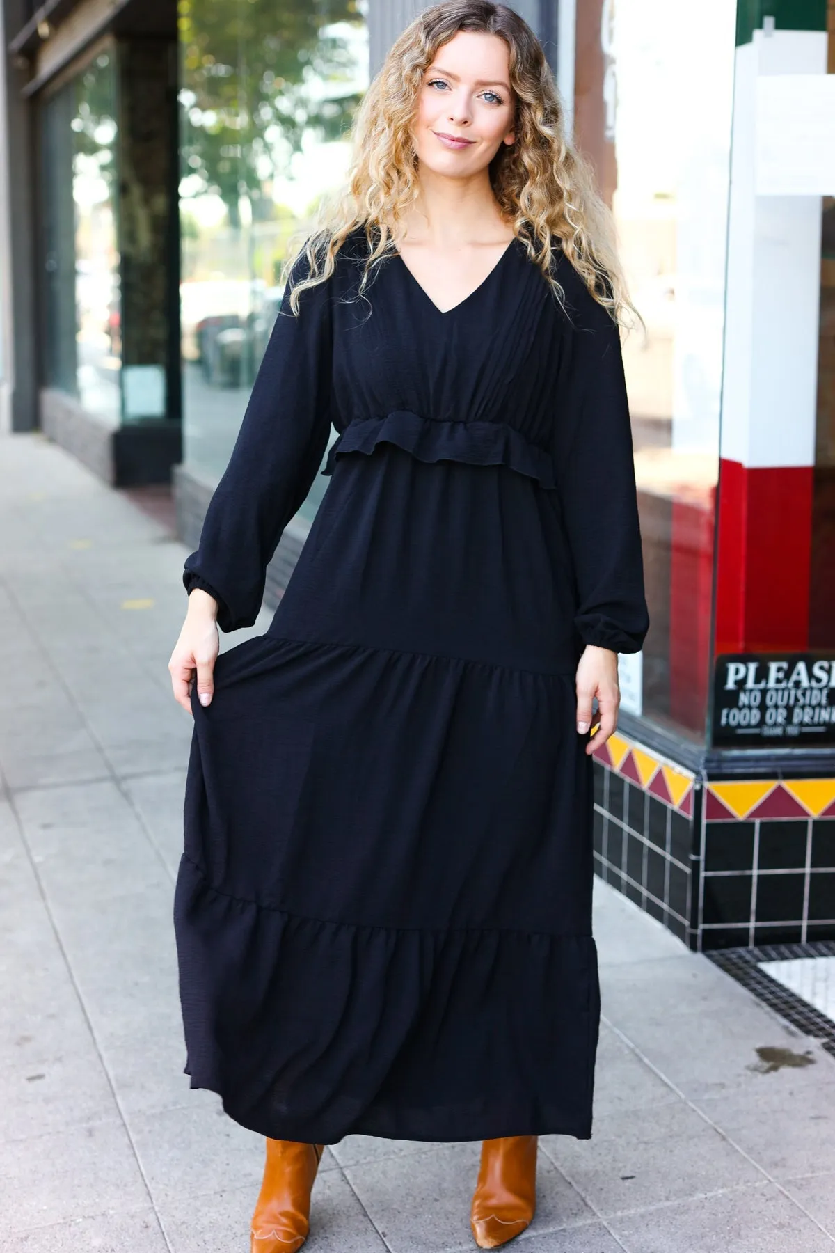 Beautiful You Black Pintuck Detail Frill V Neck Maxi Dress