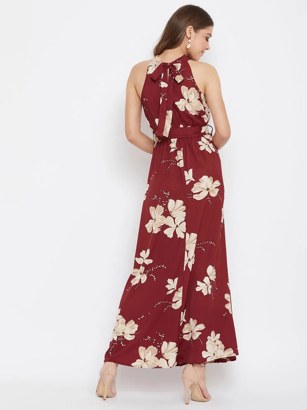 Berrylush Women Maroon Floral Printed Halter Neck Waist Tie-Up Maxi Dress