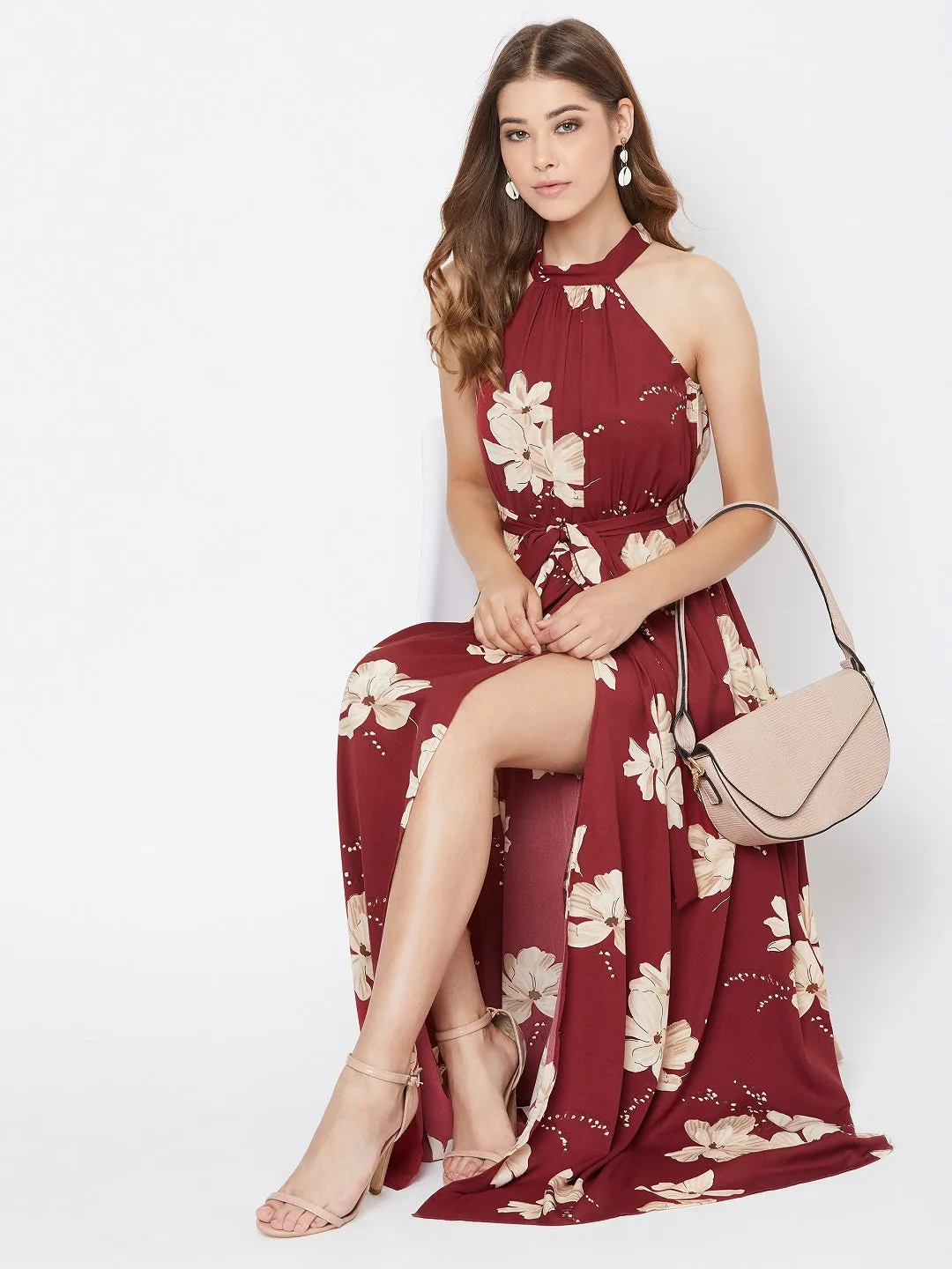 Berrylush Women Maroon Floral Printed Halter Neck Waist Tie-Up Maxi Dress