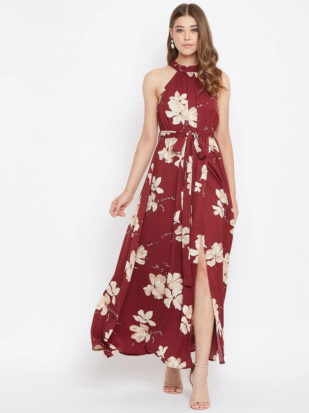 Berrylush Women Maroon Floral Printed Halter Neck Waist Tie-Up Maxi Dress