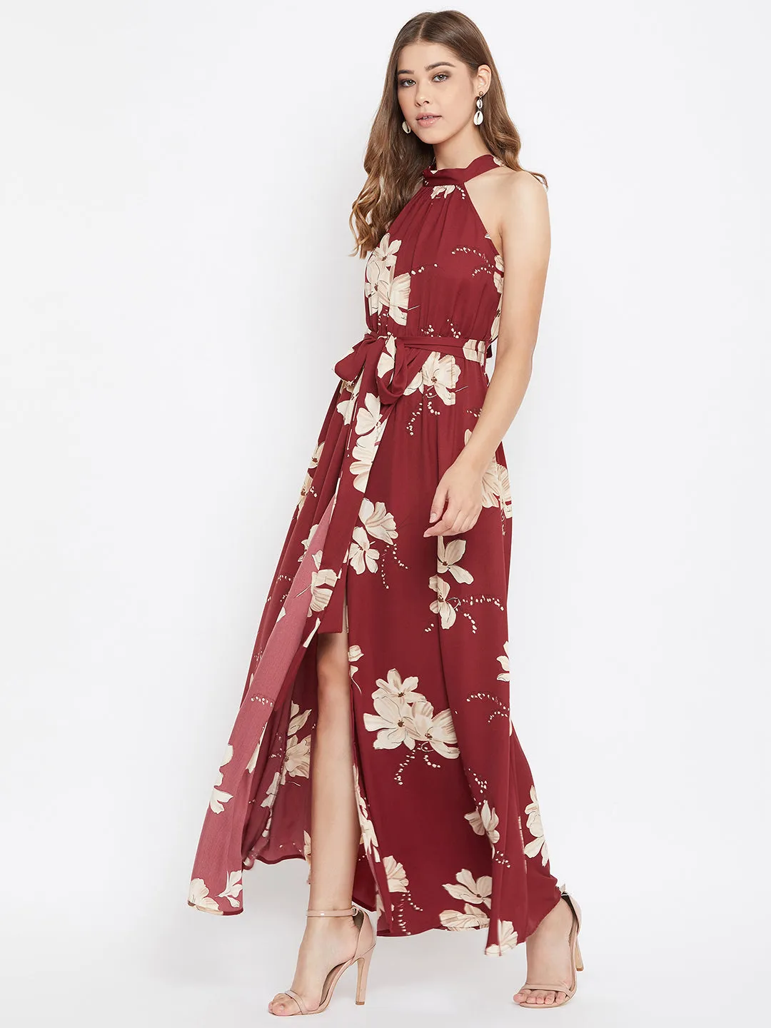 Berrylush Women Maroon Floral Printed Halter Neck Waist Tie-Up Maxi Dress