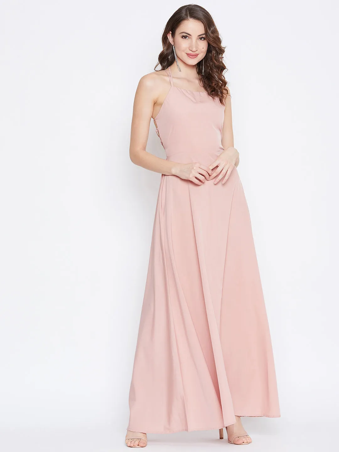 Berrylush Women Solid Light Pink Square Neck Caged Back Tie-up Maxi Dress