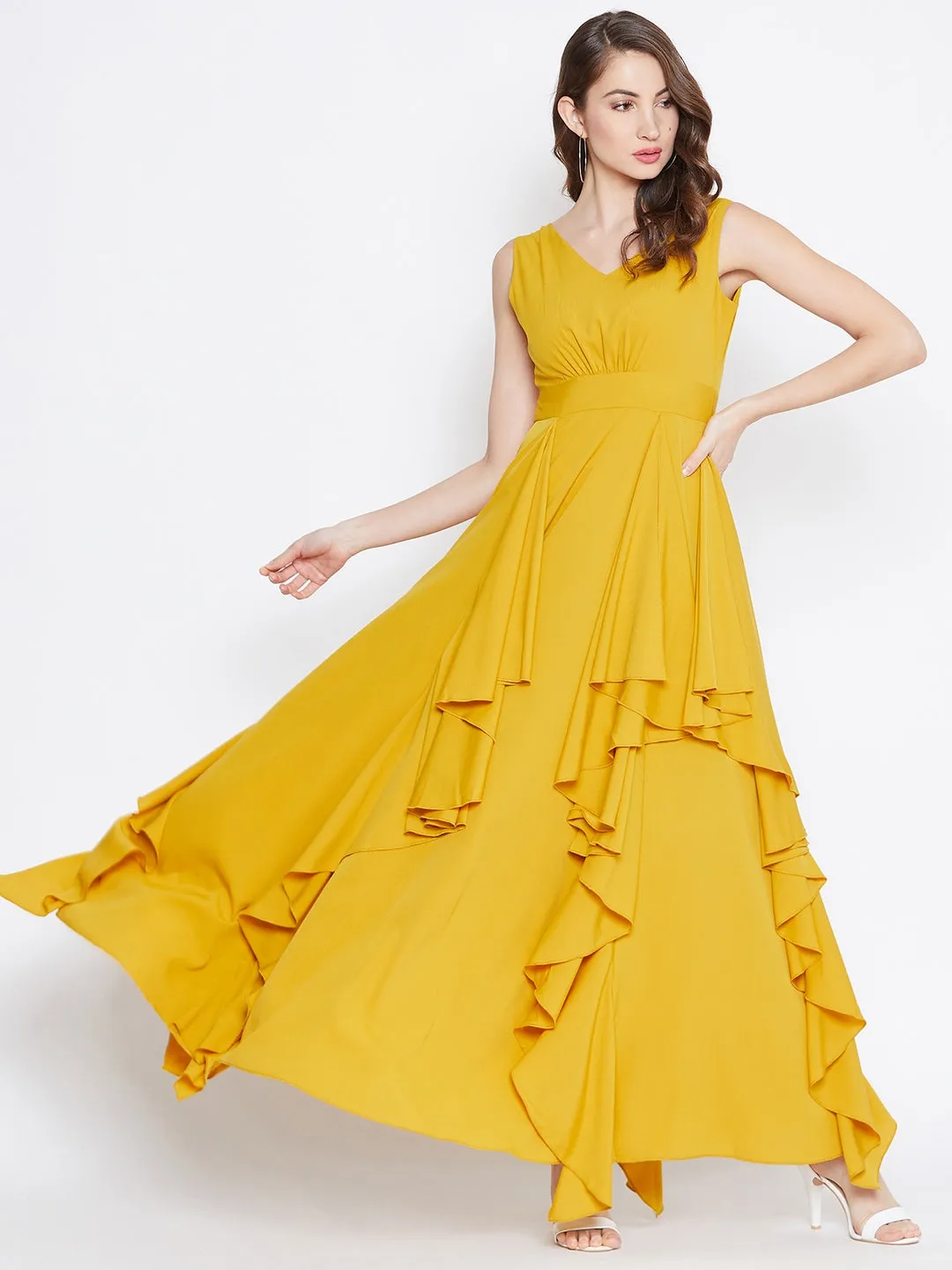 Berrylush Women Solid Mustard Yellow V-Neck Open-Back Flared Maxi Dress