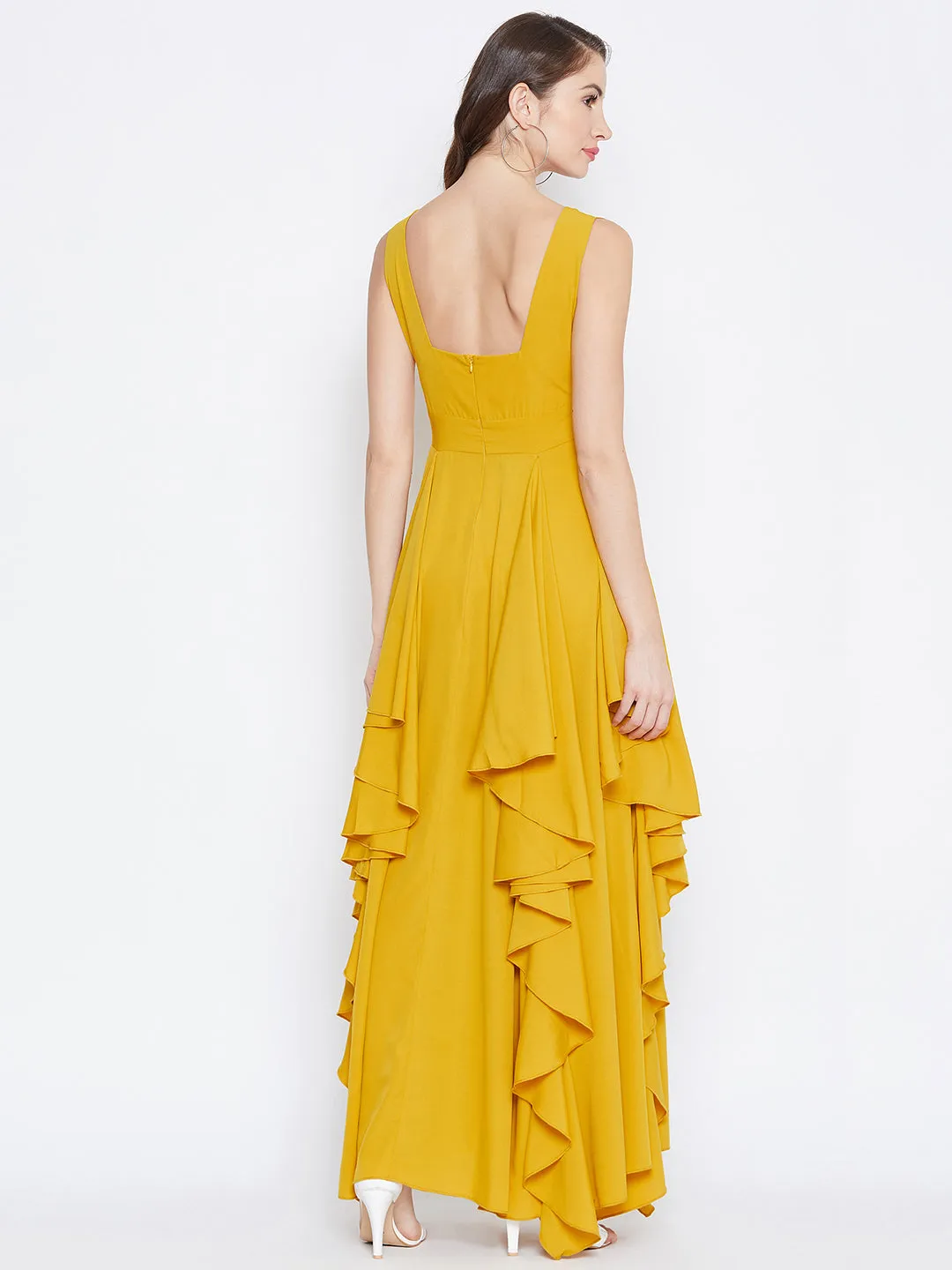 Berrylush Women Solid Mustard Yellow V-Neck Open-Back Flared Maxi Dress