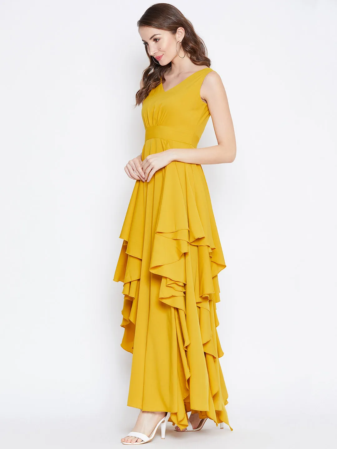 Berrylush Women Solid Mustard Yellow V-Neck Open-Back Flared Maxi Dress