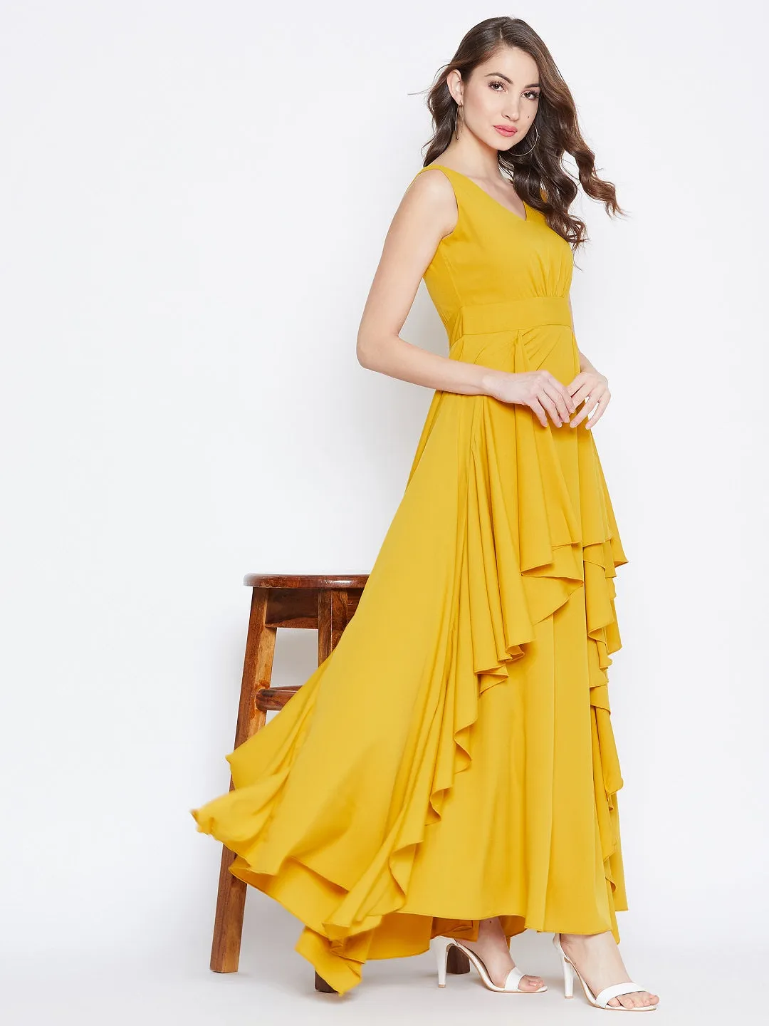 Berrylush Women Solid Mustard Yellow V-Neck Open-Back Flared Maxi Dress