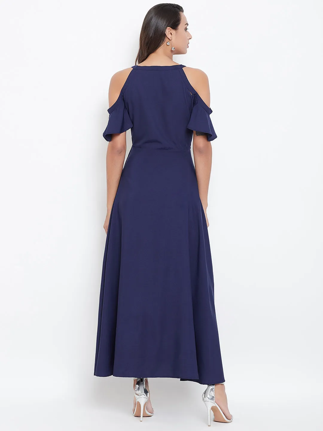 Berrylush Women Solid Navy Blue V-Neck Cold-Shoulder Waist Tie-Up Flared Maxi Dress