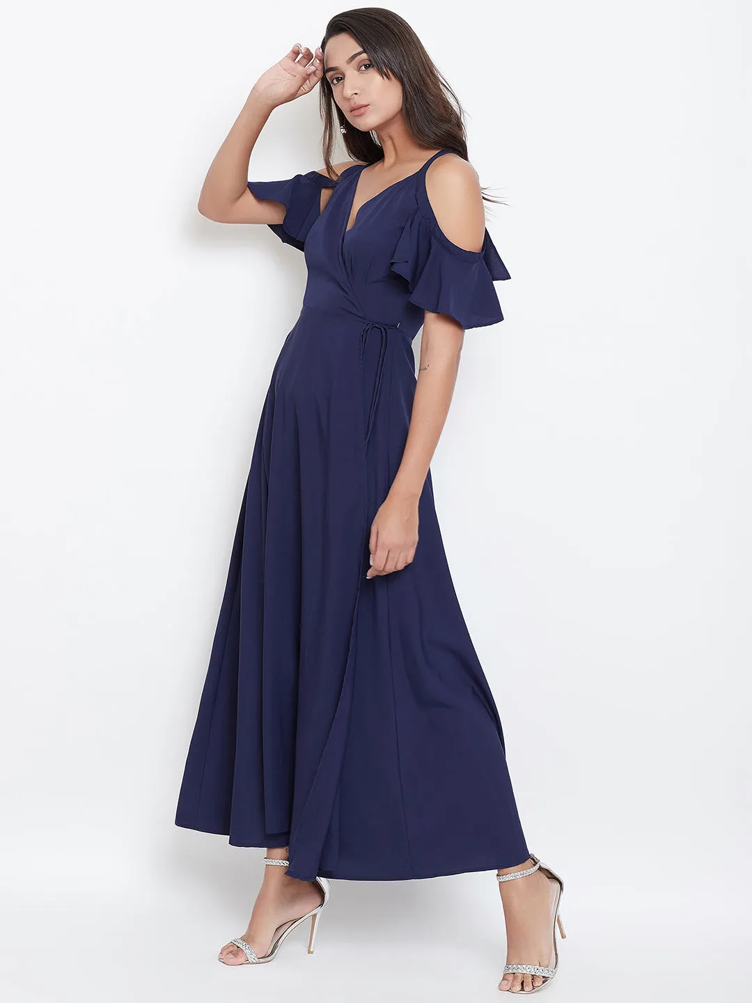 Berrylush Women Solid Navy Blue V-Neck Cold-Shoulder Waist Tie-Up Flared Maxi Dress