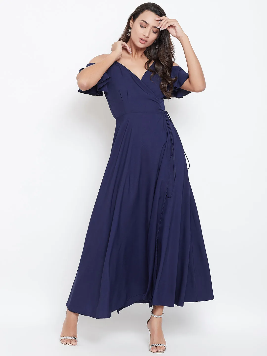 Berrylush Women Solid Navy Blue V-Neck Cold-Shoulder Waist Tie-Up Flared Maxi Dress